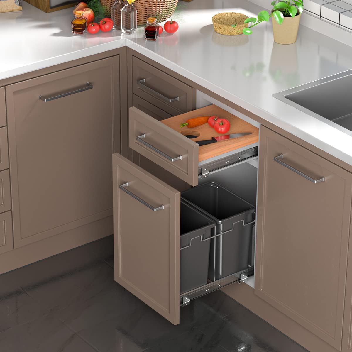 28 Quart Pull Out Trash Can Under Cabinet - Dual Compartment Kitchen Waste Bin for Under Sink Organization | Perfect for Small Kitchens & Recycling Sorting