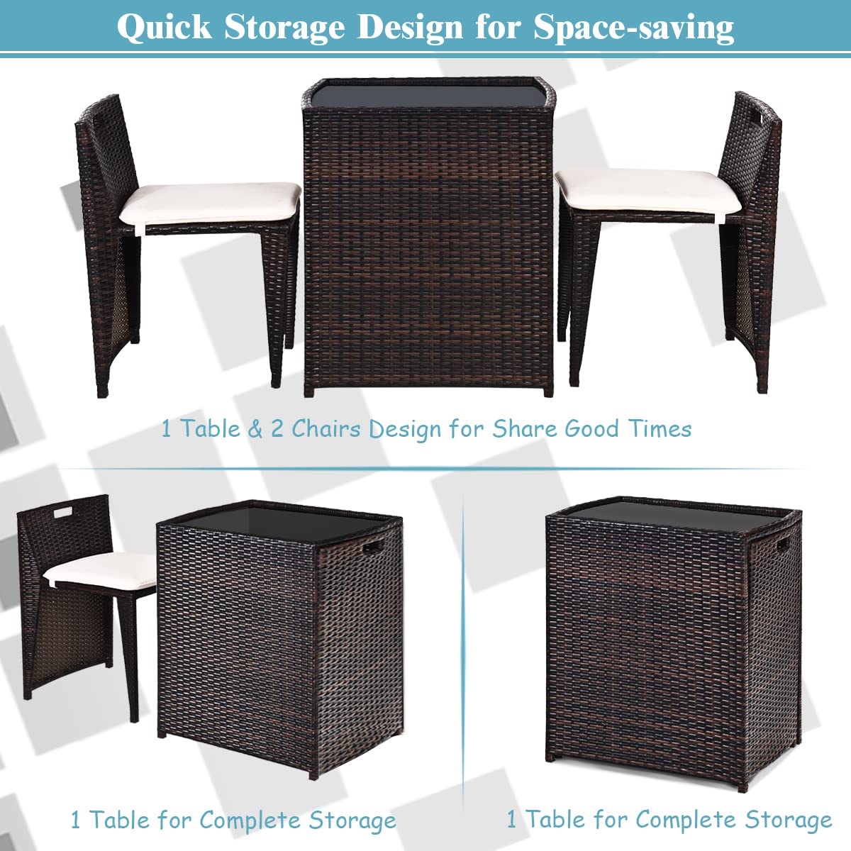 HappyGrill 3-Piece Wicker Patio Bistro Set - Outdoor Rattan Dining Table & Chairs with Cushions - Perfect for Yard, Deck, Garden, Poolside & Small Balcony Dining