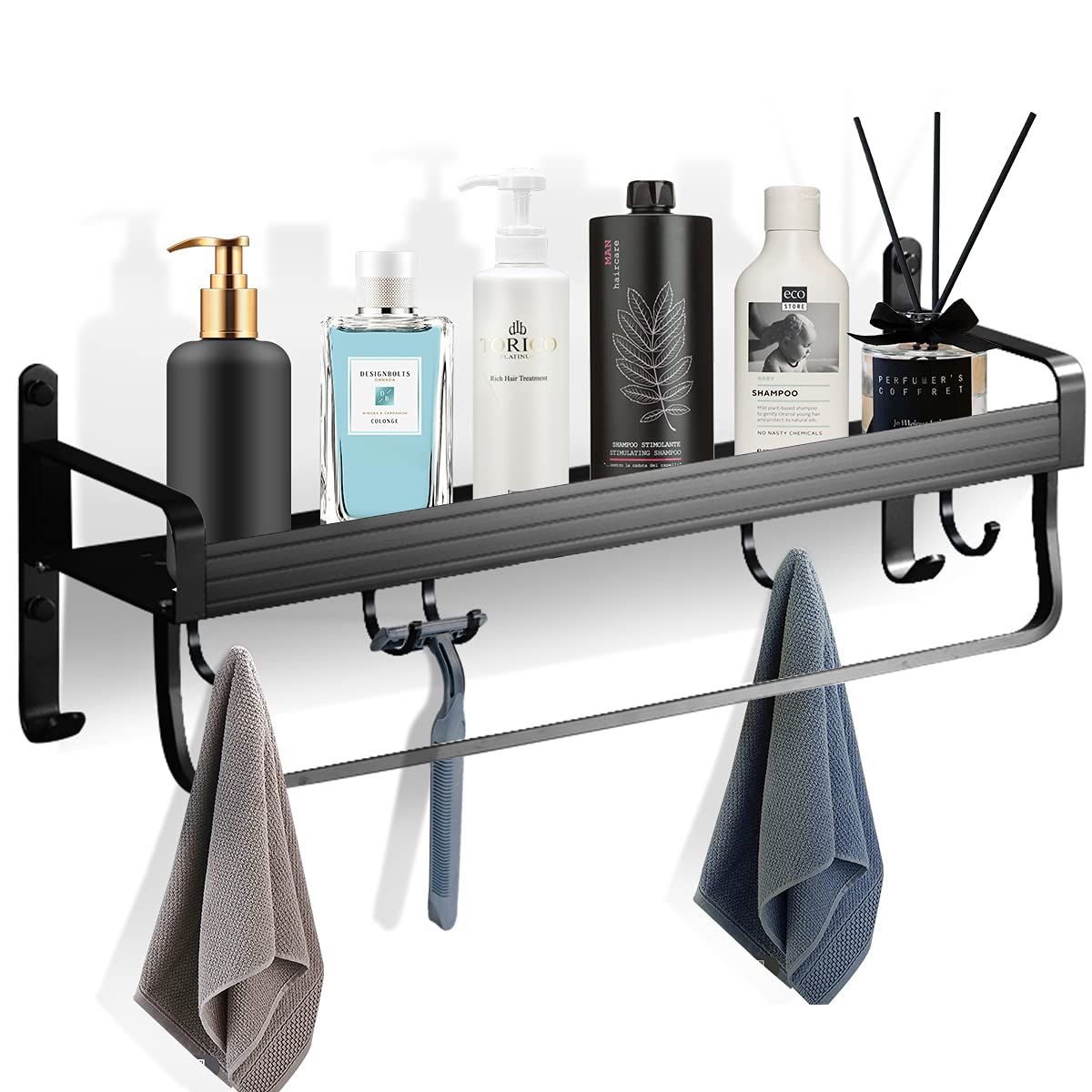 DKCHEVAL Adhesive Wall-Mounted Shower Basket Rack with Towel Rack & Hooks - No Drill Bathroom Storage Organizer, Kitchen Spice Rack & Food Storage Basket - Space-Saving Aluminum Design (Black) - Perfect for Small Bathrooms, Showers & Kitchen Pantry Organization