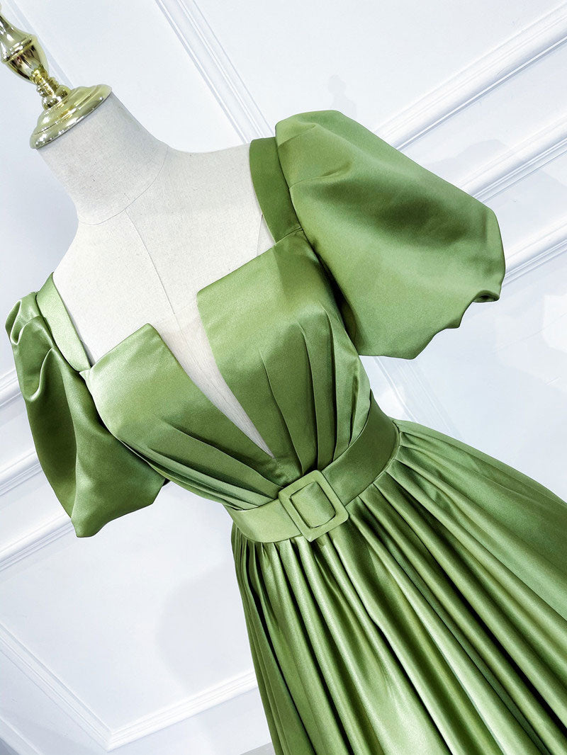 Elegant A-Line Satin Long Green Prom Dress | Formal Evening Gown for Graduation & Special Occasions | Perfect for Homecoming, Quinceañera & Black Tie Events