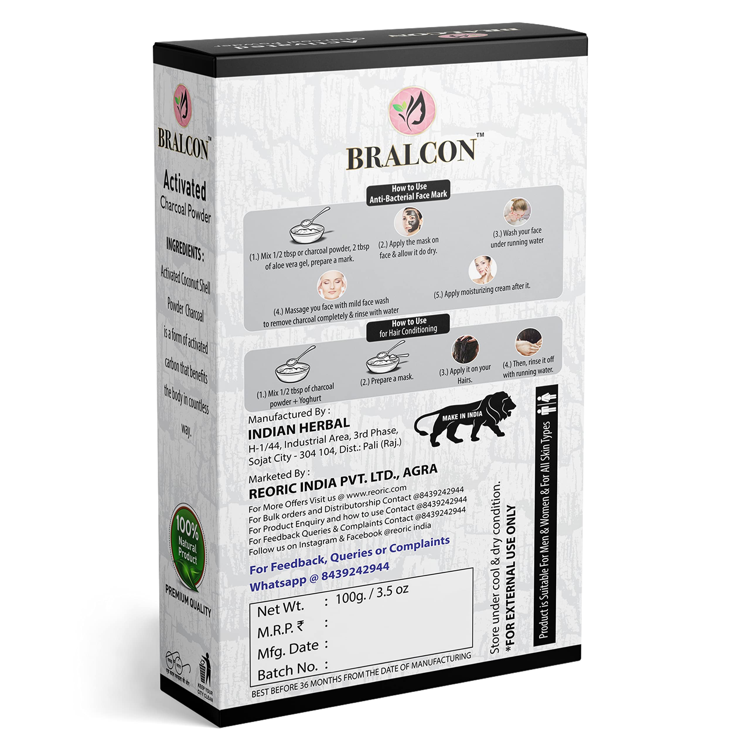 BRALCON Activated Charcoal, Sandalwood, Orange & Multani Mitti Powder Combo - 400g (4 x 100g Pack) for All Skin Types - Face & Hair Care in Separate Packaging - Natural Skincare & Hair Treatment for Acne, Oil Control & Detox