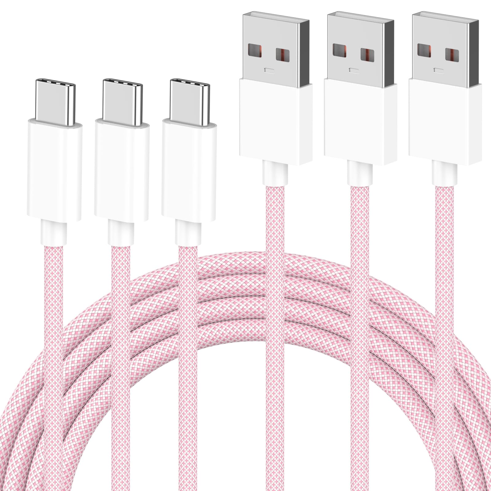 3-Pack 60W USB A to USB C Woven Fast Charging Cable - Compatible with iPhone 16 Pro Max/16/16 Plus/16 Pro/15/15 Plus/15 Pro/15 Pro Max - 6FT Pink CarPlay Charging Cord for Car, Home & Office Use