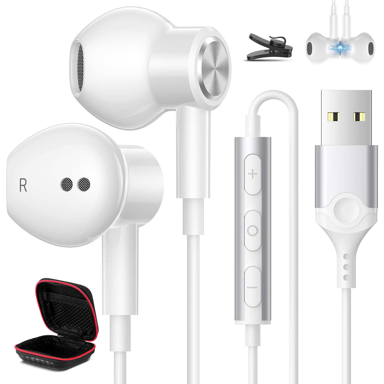 USB Wired Headphones with Mic for PC, Laptop & MacBook Pro - 7.5ft Magnetic Noise Isolating Earbuds, Volume Control & Mute for Gaming, Office Work, School & Zoom Meetings