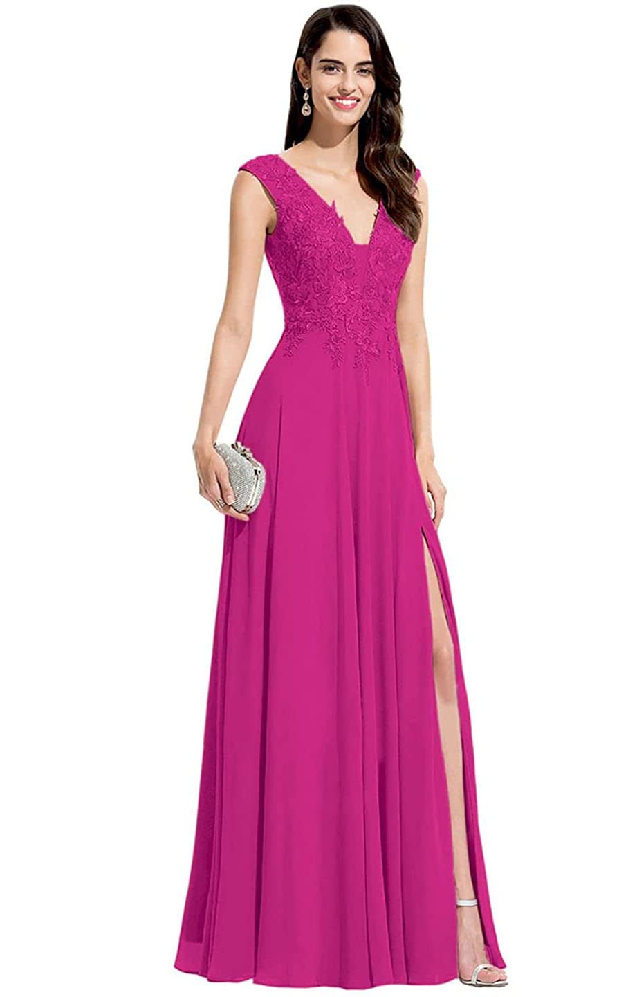 Elegant Chiffon Bridesmaid Dresses with V-Neck & Lace Appliques - A-Line Long Formal Gowns with Side Slit for Weddings, Proms & Special Occasions