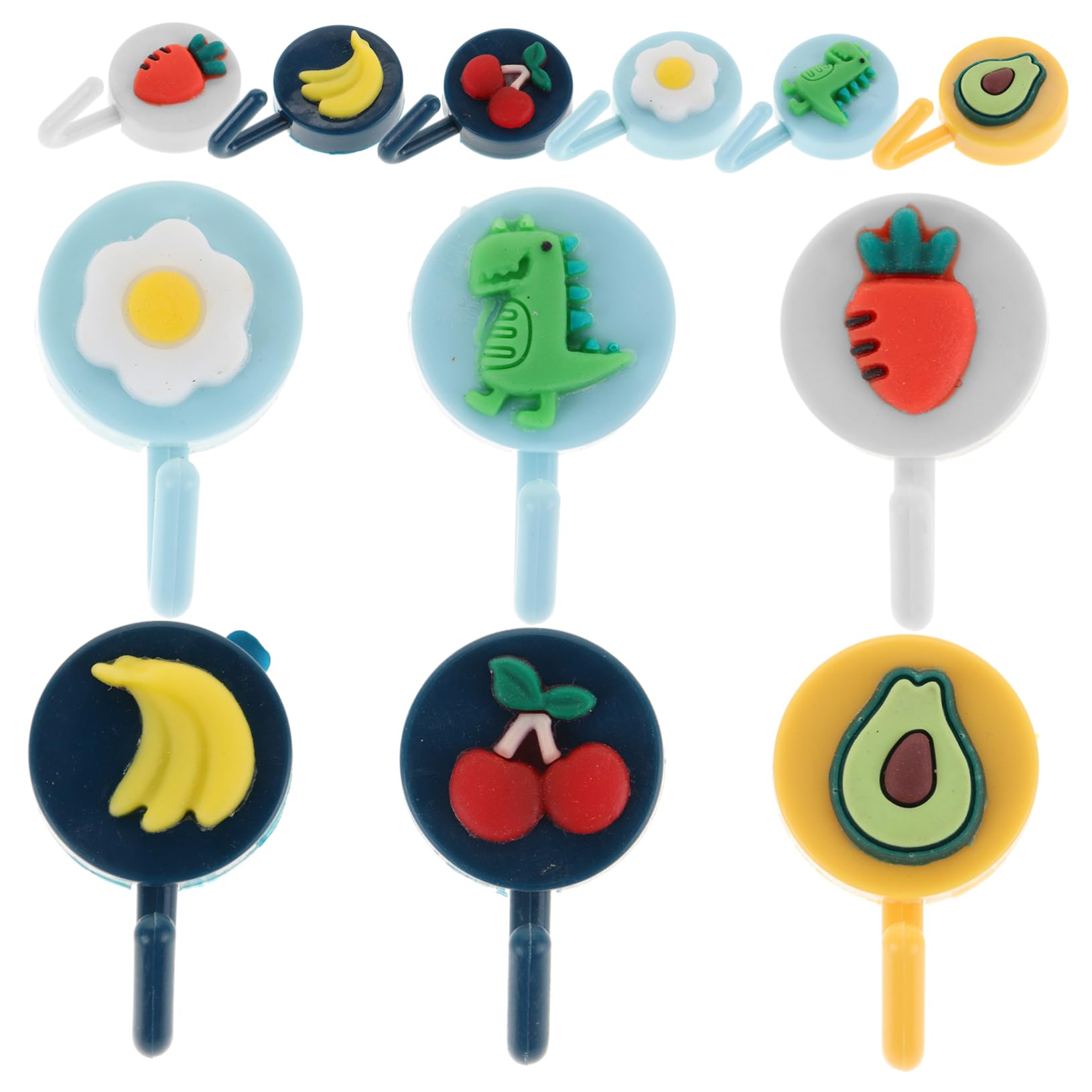 12 Pcs Cartoon Animal & Fruit Shaped Adhesive Wall Hooks - Reusable Key Holder, Clipper Blade Organizer, Kids Coat Hanger for Bedroom, Bathroom, Kitchen & Office Organization