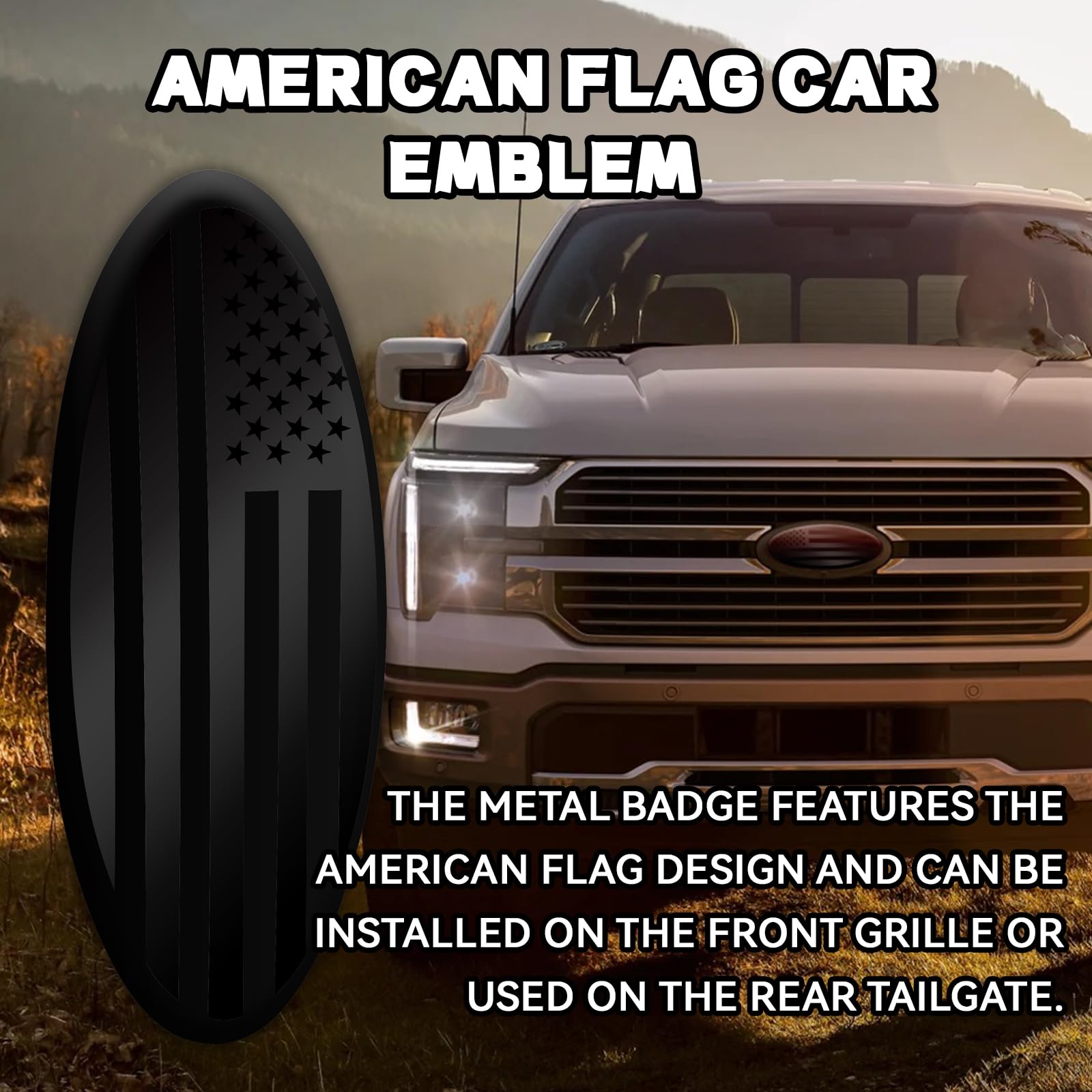 Ford F150 F250 F350 Black American Flag 9-Inch Front Grill & Tailgate Emblem - Aluminum Oval Overlay Decal Badge for Ford Trucks - Perfect for Off-Roading, Truck Shows & Patriotic Display