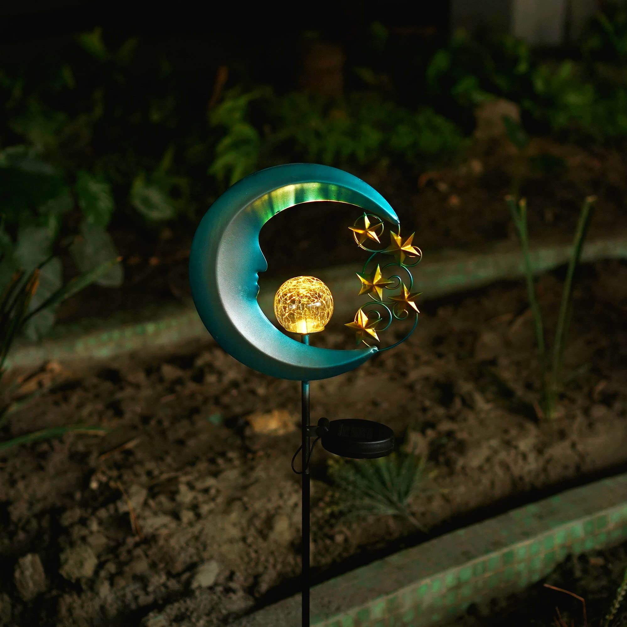 Solar Powered Moon Lights Outdoor - Waterproof Crackle Glass Ball Garden Lights with Golden Stars - Pathway Stakes for Lawn, Patio, Yard Decor - 2 Pack Blue - Perfect for Romantic Nights, Garden Parties & Landscape Lighting