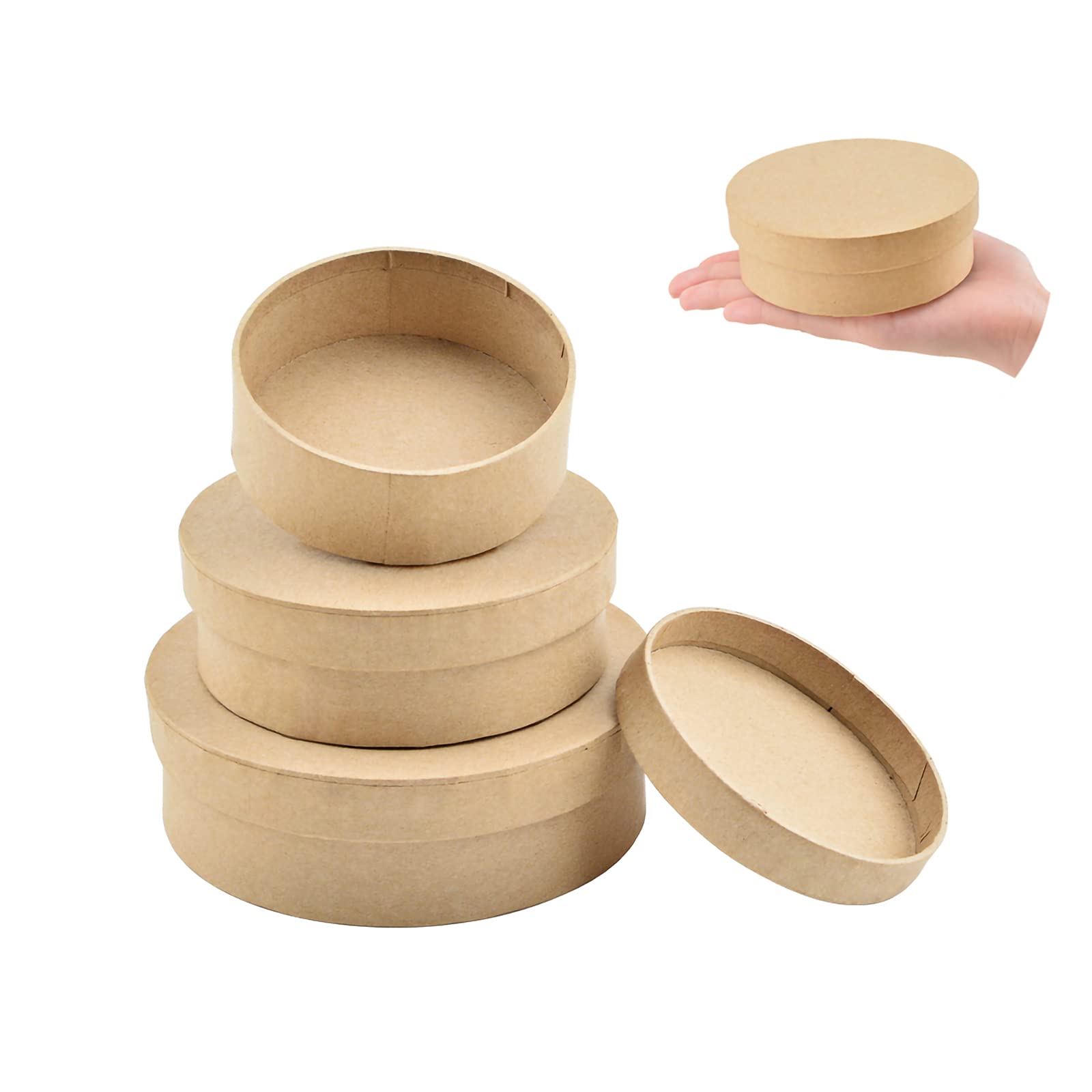 WANDIC 3-Piece Round Kraft Paper Mache Storage Box Set with Lids - Small Medium Large Sizes for Jewelry, Cosmetics, Accessories & Gift Wrapping - Perfect for Home Organization, Wedding Favors & DIY Craft Projects