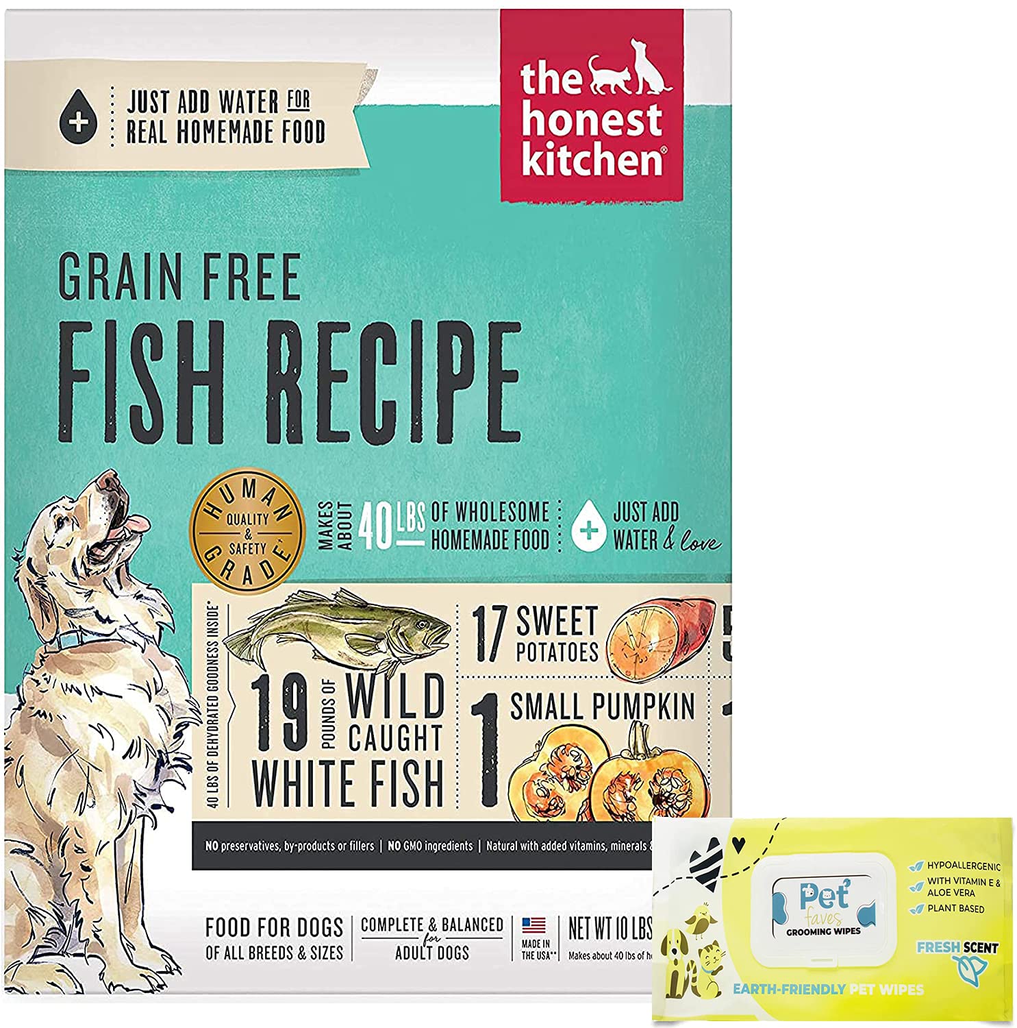 The Honest Kitchen Human Grade Dehydrated Grain Free Dog Food - Wild Caught Fish Recipe, 10lb Bag | Includes 100ct Natural Pet Wipes for Paws & Coat | Perfect for Sensitive Stomachs & Allergies, Ideal for Travel & Outdoor Adventures