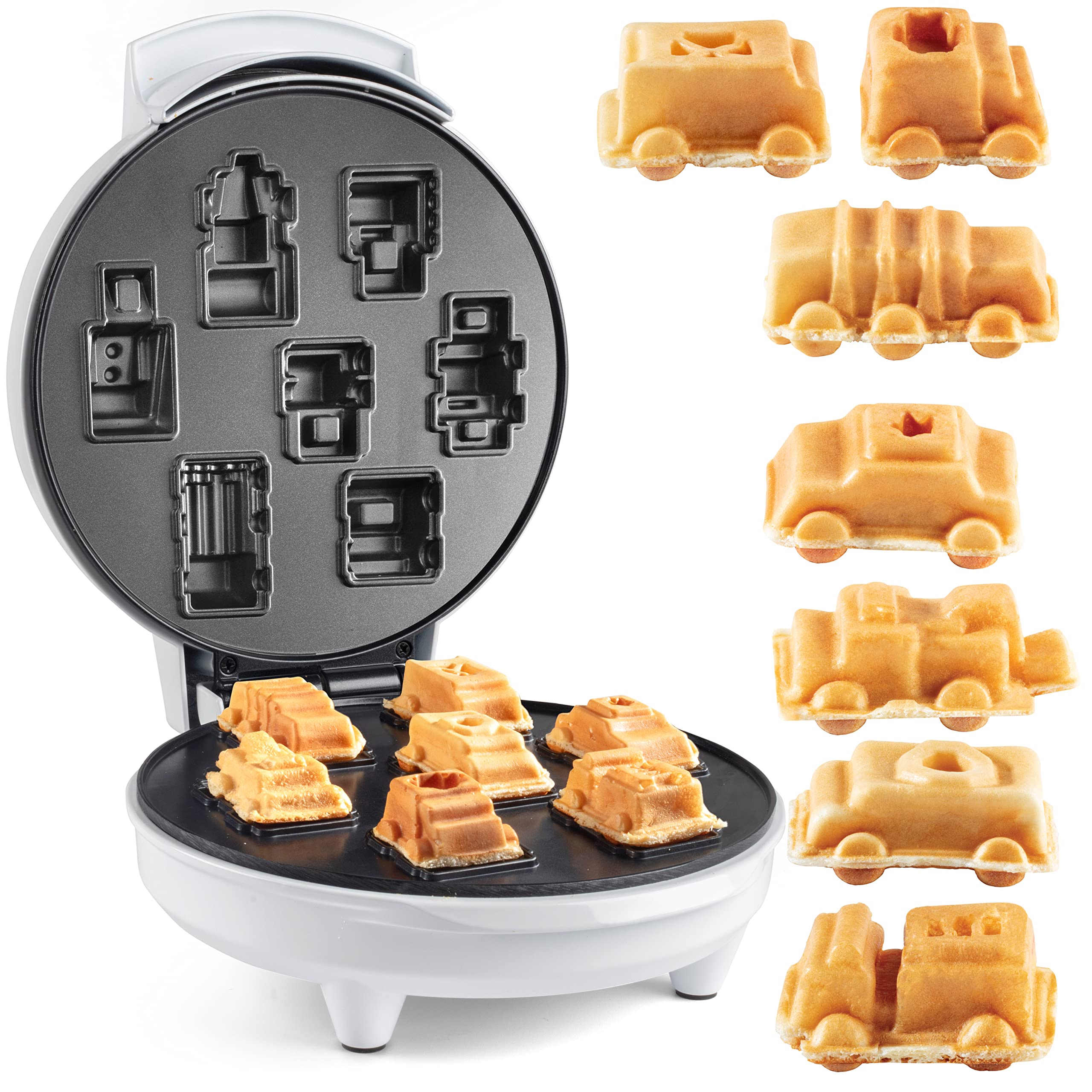 Mini Waffle Maker for Cars & Trucks - Create 7 Fun Vehicle-Shaped Pancakes (Police Car, Fire Truck, Construction Truck) - Electric Non-Stick Iron with Free Recipe Guide - Perfect Kids Gift for Birthday Parties & Family Breakfast Fun