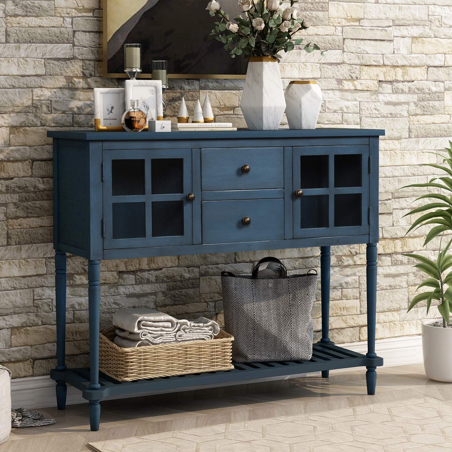 Merax Antique Blue Sofa Table - Buffet Console Table with 2 Storage Drawers, 2 Cabinets & Bottom Shelf - Entryway Sideboard Cabinet for Kitchen, Living Room, Dining Room | Perfect for Home Decor, Small Space Storage & Entertainment Areas