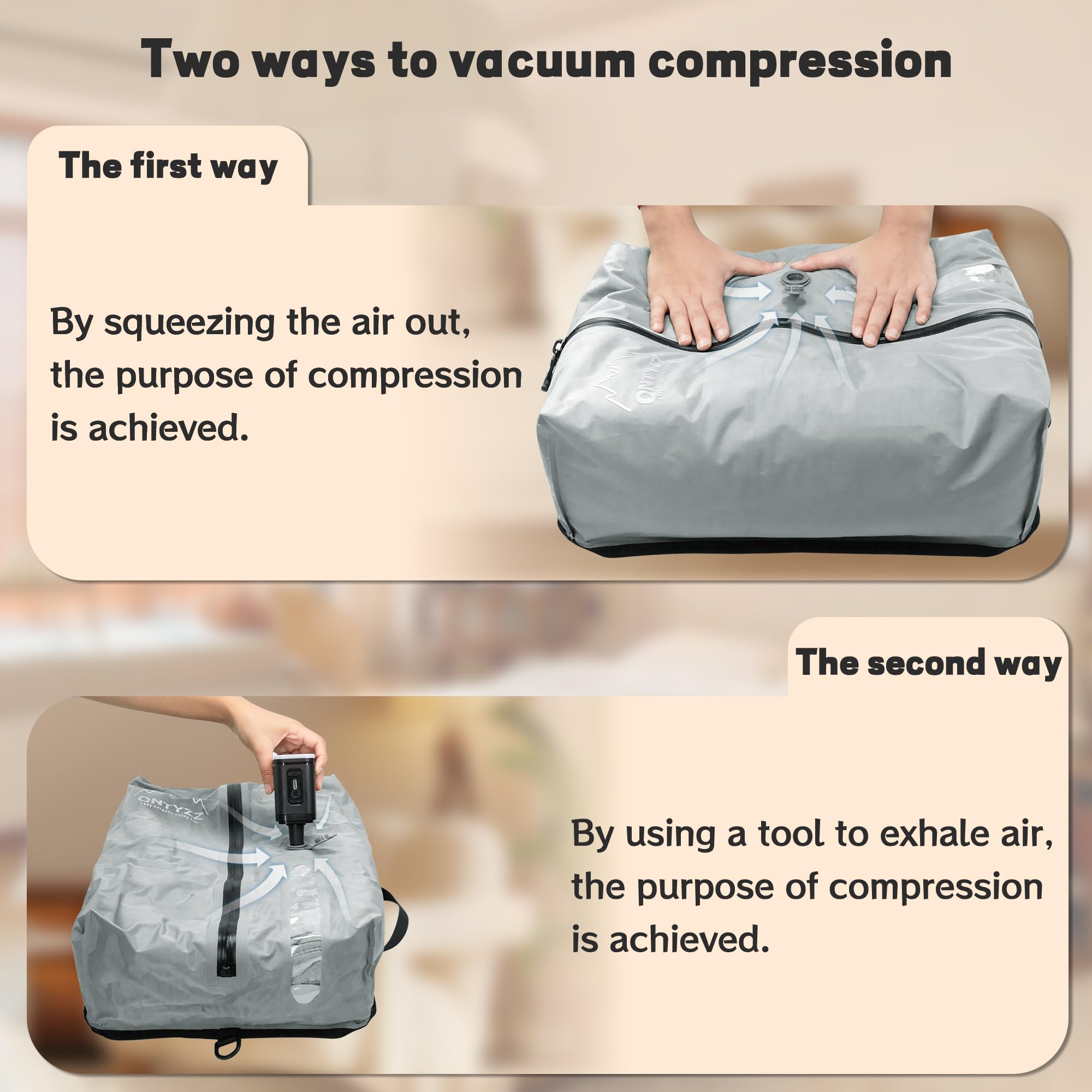 ONTYZZ Reusable Waterproof Travel Vacuum Compression Bags (2-Pack, Grey) - IP67 Waterproof Zipper, Space Saver for Suitcase & Luggage - Perfect for Travel, Moving & Closet Storage Organization