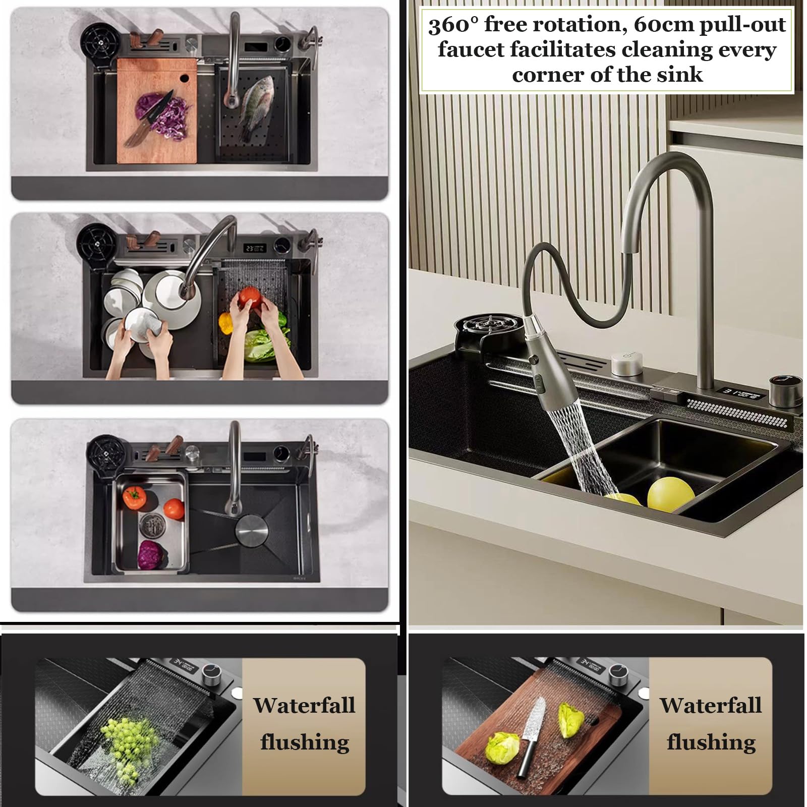 Smart Digital Drop-in Kitchen Sink with Pull-Out Waterfall Faucet - 304 Stainless Steel Modern Design with Nano Workstation, Cup Washer & Knife Holder (31.5×17.7 Inch) - Perfect for Modern Kitchens, Restaurant Prep Areas & Luxury Home Renovations