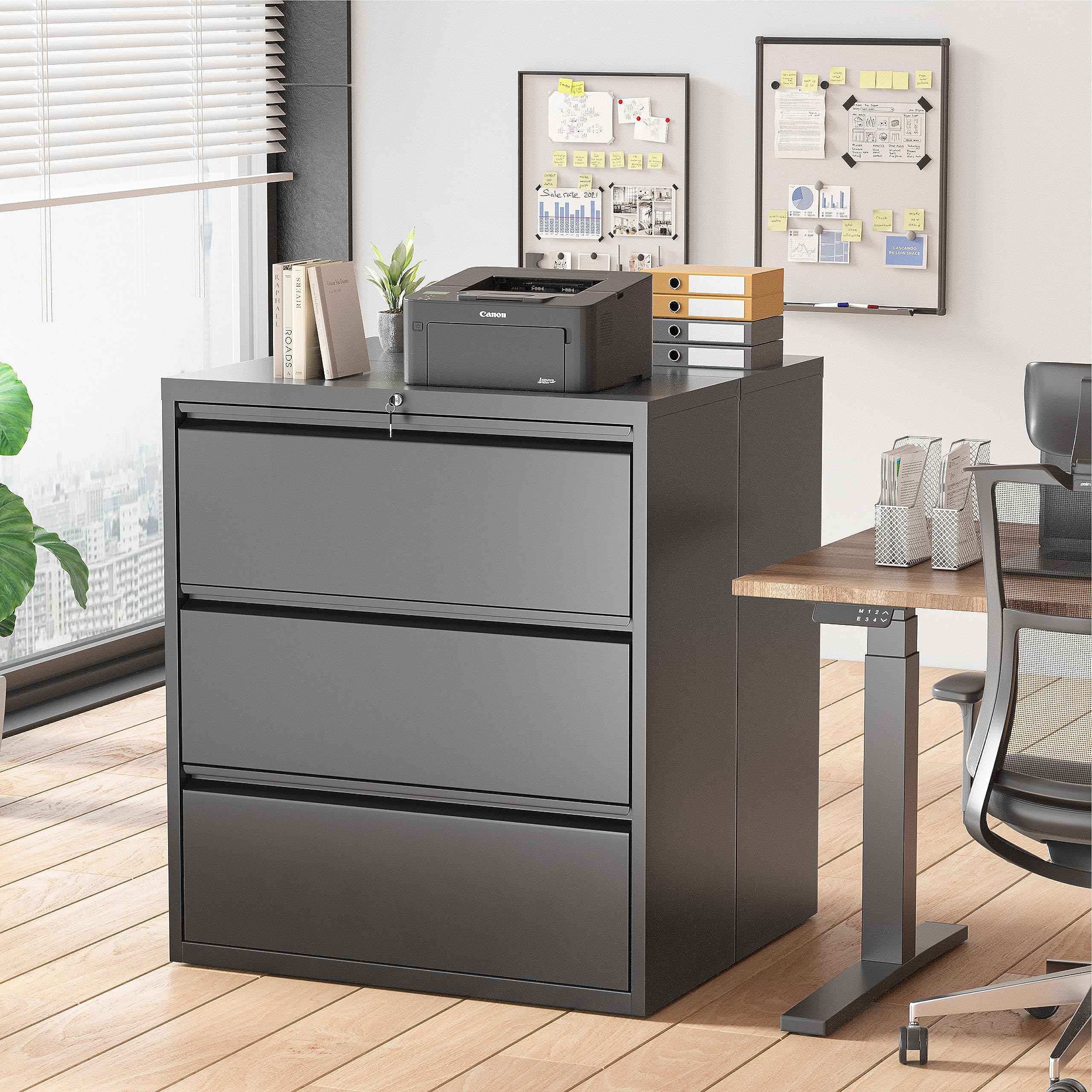Superday 3-Drawer Lateral File Cabinet - Black Metal Office Filing Cabinet with Locking Drawers for Home & Office - Organize Legal, Letter, A4, F4 Documents