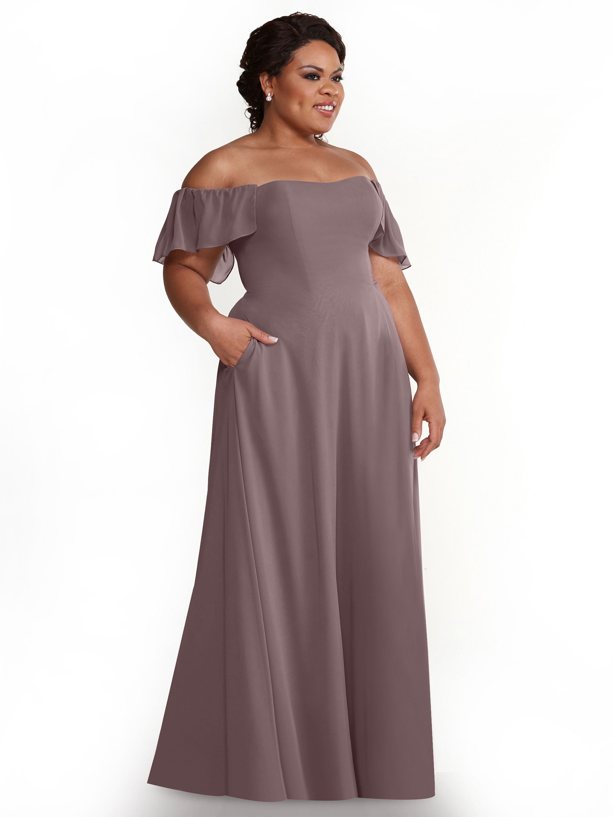 Elegant A-Line Off-The-Shoulder Chiffon Bridesmaid Dress with Pockets - Perfect for Weddings, Parties & Formal Events (Style: ALT2)