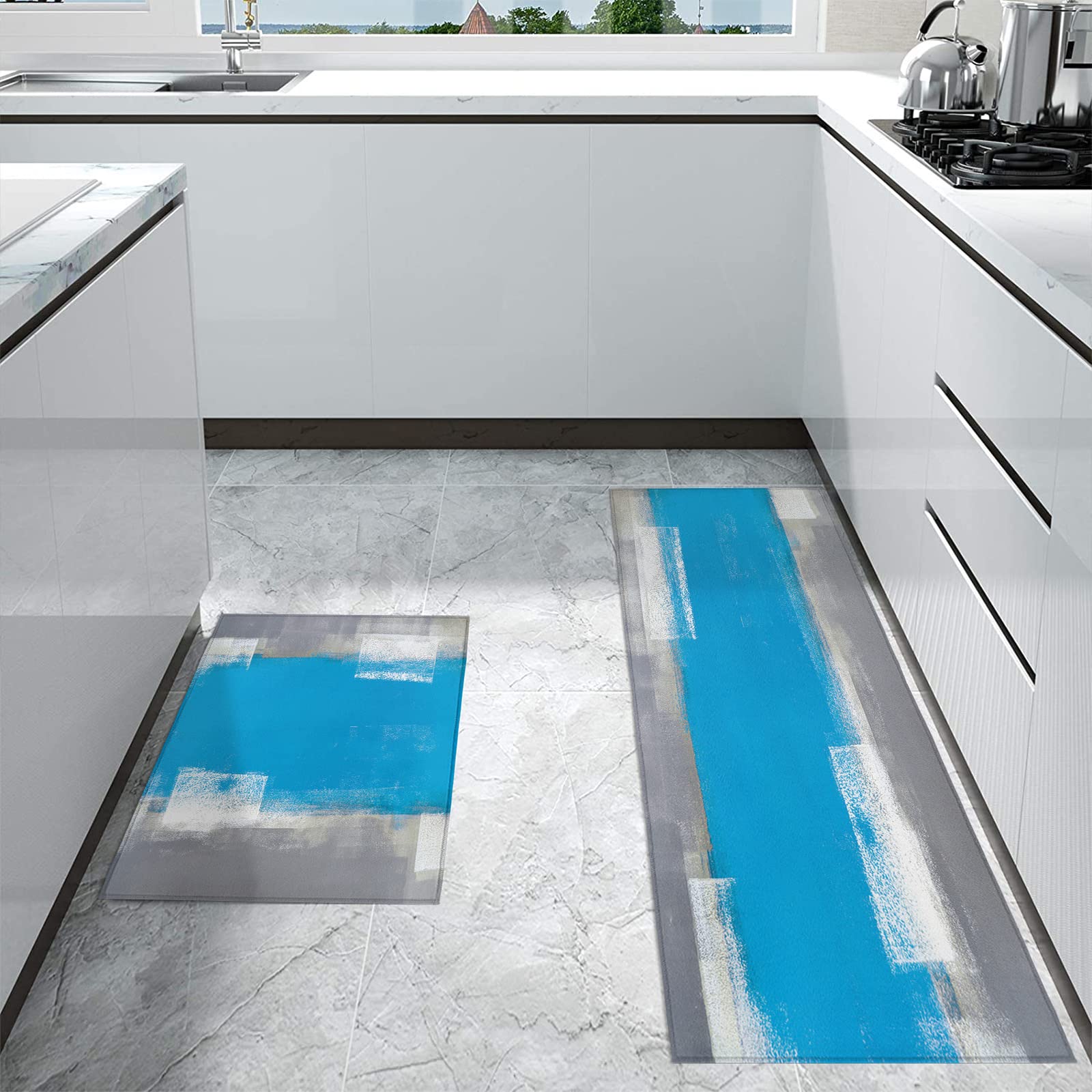 LooPoP Abstract Pattern Anti-Fatigue Kitchen Mats Set - 2 Piece Non-Slip Cushioned Floor Rugs, Washable Gray & Blue Oil Painting Design - Perfect for Kitchens, Entryways & High-Traffic Areas