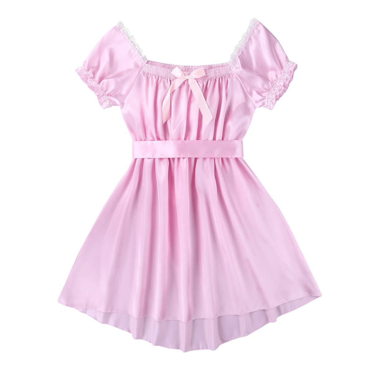 EasyForever Men's Elegant One Piece Silky Satin Lace Trimmed Ruffled Dress - Crossdressing Costume for Parties, Cosplay & Special Occasions
