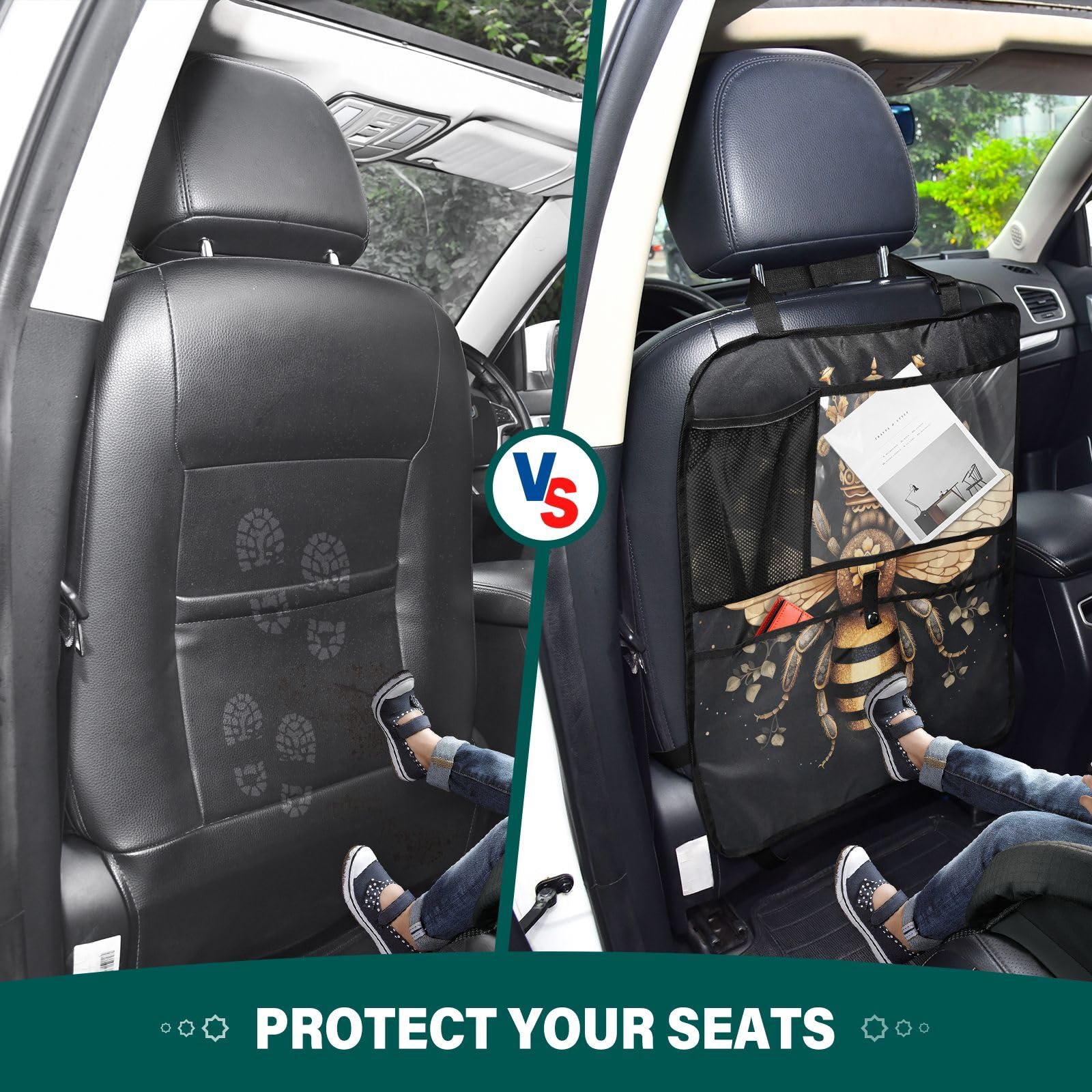 **Sinestour 2-Pack Waterproof Car Back Seat Protector - Golden Bee Crown Design, Kick Mats for Kids with Storage Pockets, Scratch & Dirt Protection - Ideal for Family Road Trips & Pet-Friendly Vehicles**