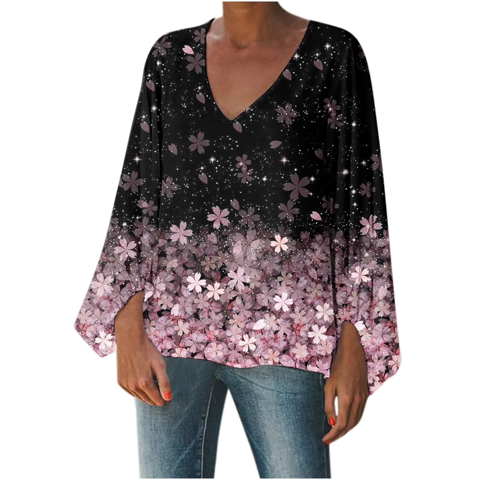 UODSVP Women's Cotton Printed T-Shirt - Elegant Lantern Sleeve V-Neck Loose Blouse Top for Casual Wear | Perfect for Office, Date Night & Weekend Outings