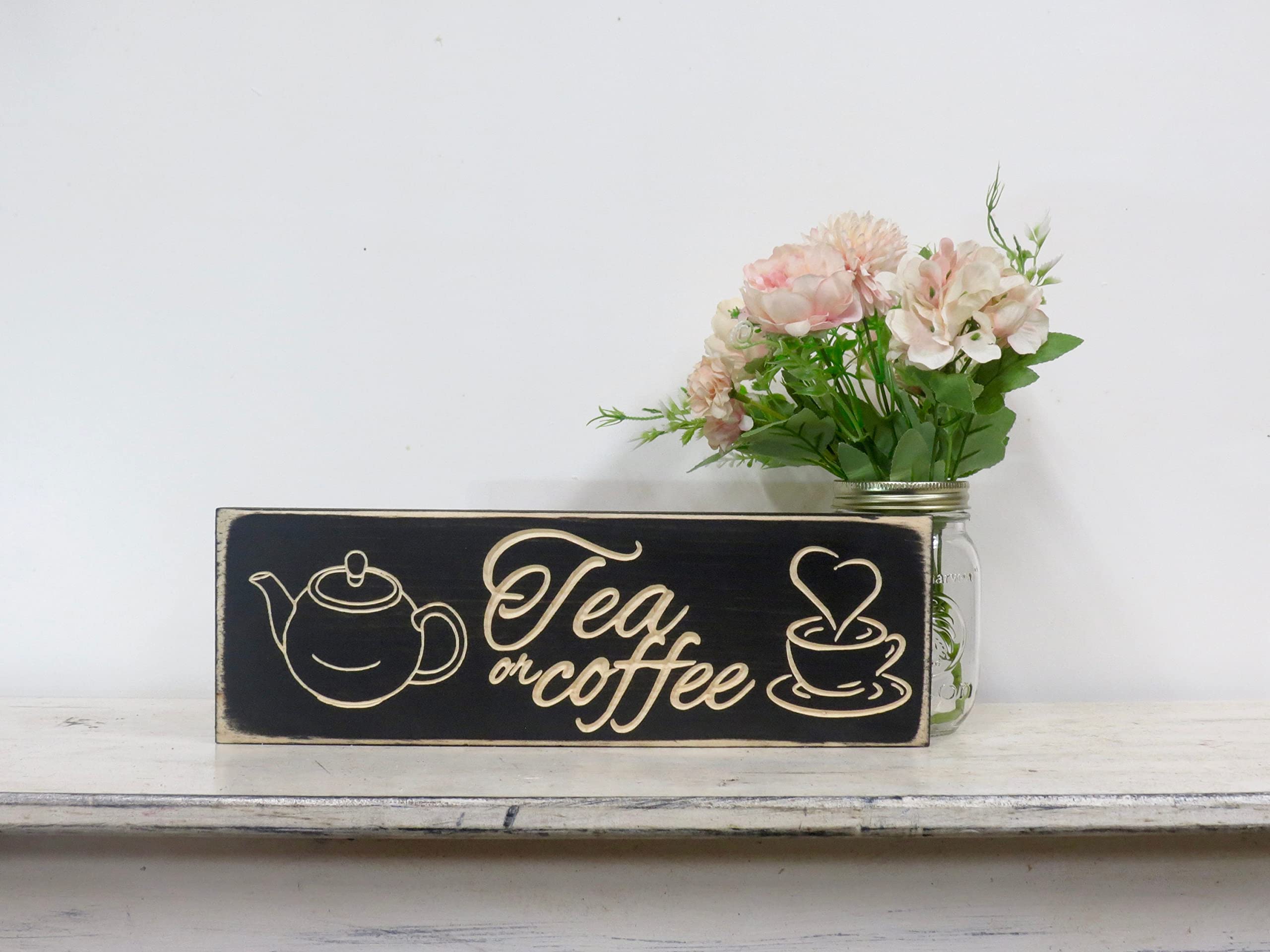 HOUVSSEN Tea and Coffee Sign - Rustic Wooden Wall Decor for Kitchen, Coffee Bar, or Cafe - Perfect for Home, Office, and Restaurant Décor