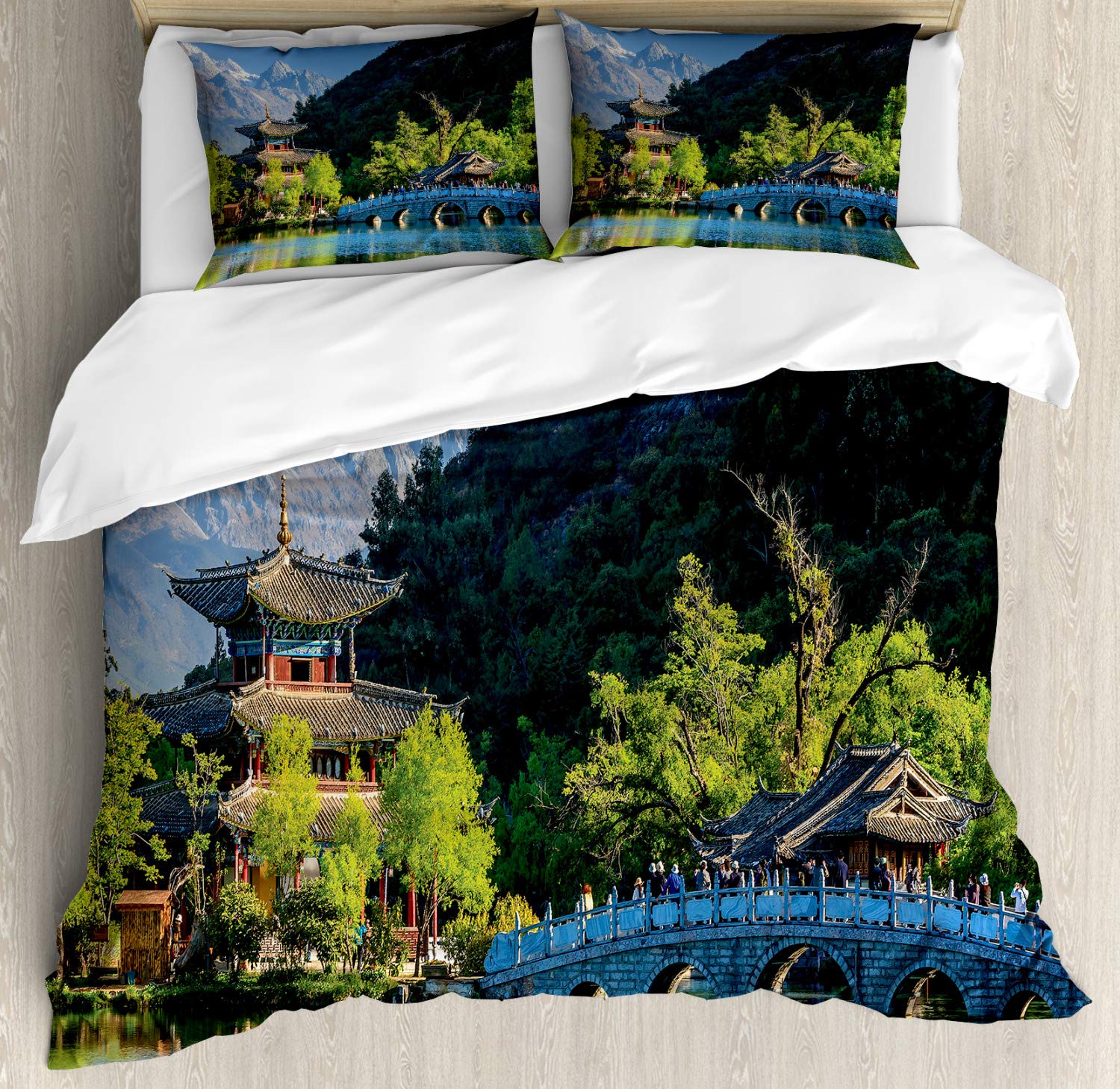 Vintage China Duvet Cover Set - Old Town Lijiang Black Dragon Pool Park & Jade Dragon Snow Mountain Scene | 3-Piece Decorative Bedding Set with 2 Pillow Shams | California King Size | Multicolor | Perfect for Boho Chic Bedrooms, Guest Rooms & Asian-Themed Home Decor