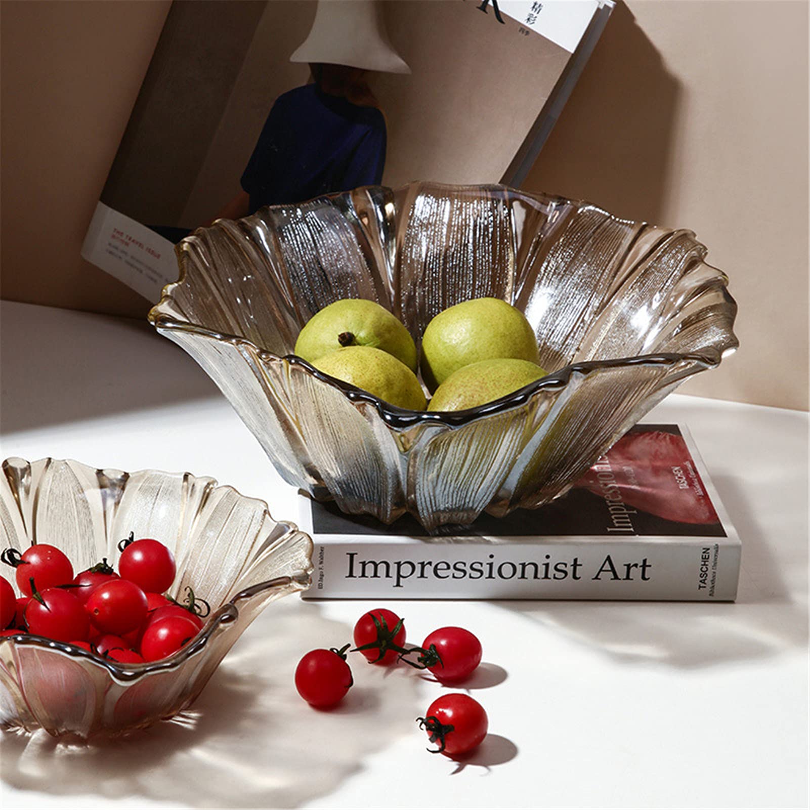 Modern Translucent Amber Glass Fruit Bowl - Creative Decorative Stand for Fruits, Vegetables & Snacks - Elegant Home Kitchen Decor for Dining Table & Countertop Display