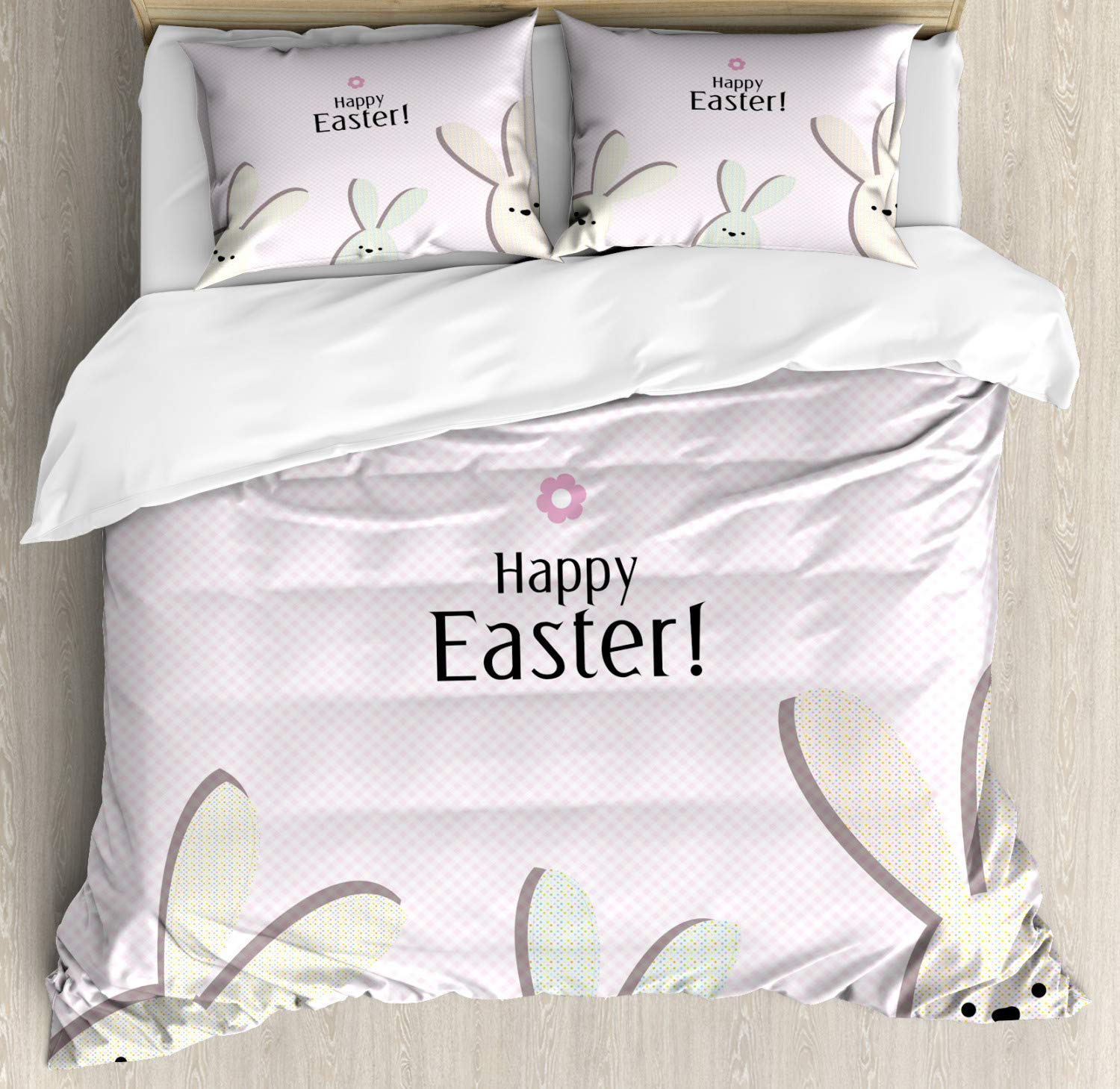 Lunarable Easter Duvet Cover Set - Pink Gingham Check Bunny Cartoon Design with Dotted Pattern, 3-Piece Bedding Set Includes 2 Pillow Shams, California King Size in Multicolor Pale Pink | Perfect for Spring Decor, Kids' Room, Easter Themed Bedroom & Holiday Home Styling