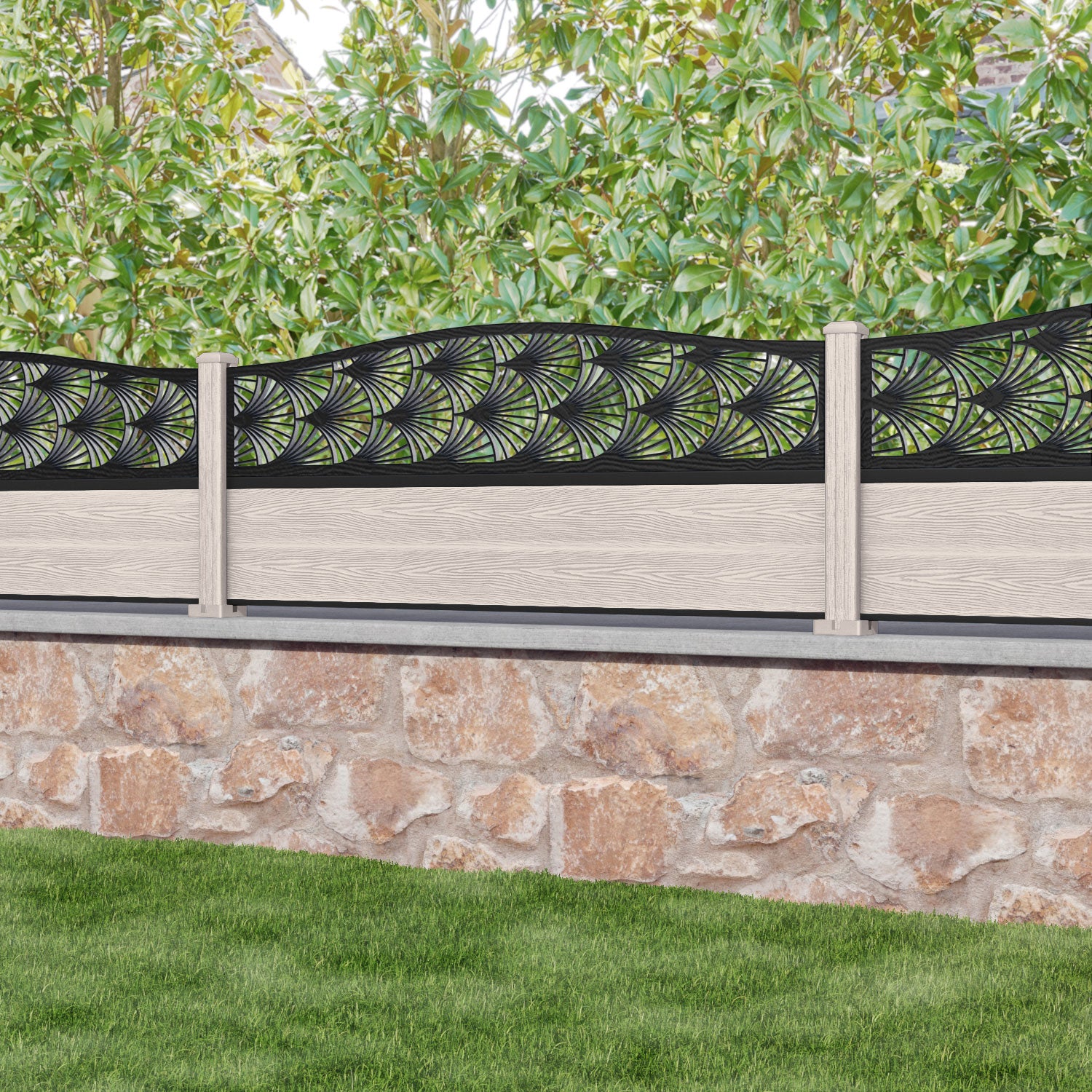 Classic Laurel Curved Top Composite Fence Panel in Mid Stone Color - Durable Outdoor Privacy Fence for Backyard, Garden, and Pool Area Landscaping