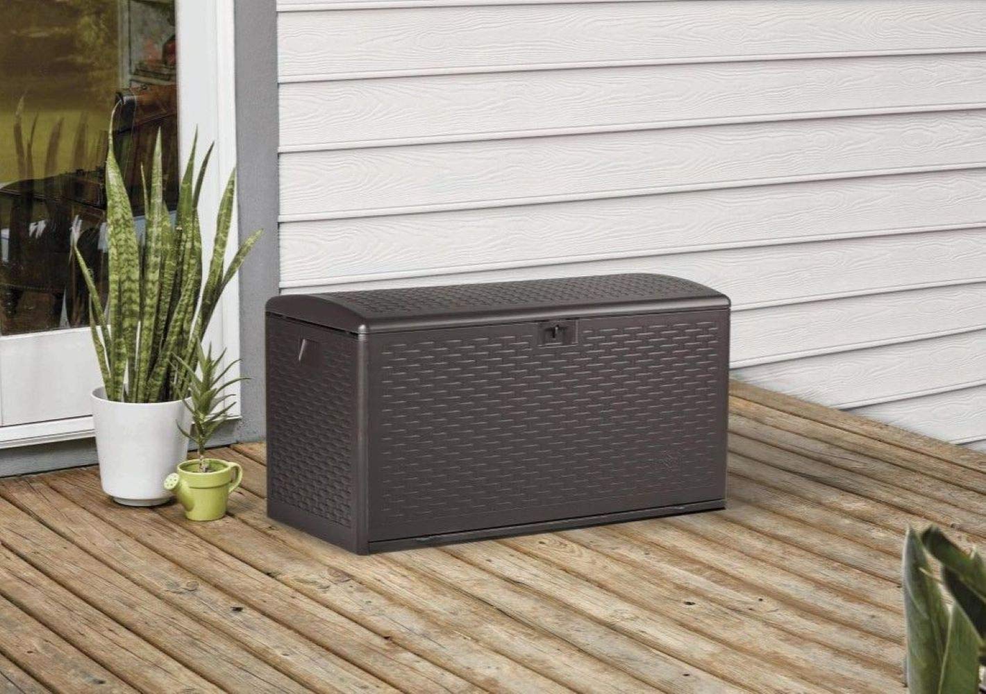 99 Gallon Driftwood Outdoor Storage Deck Box with Standard Close - Weatherproof Plastic Deck Box for Patio, Garden & Backyard Organization