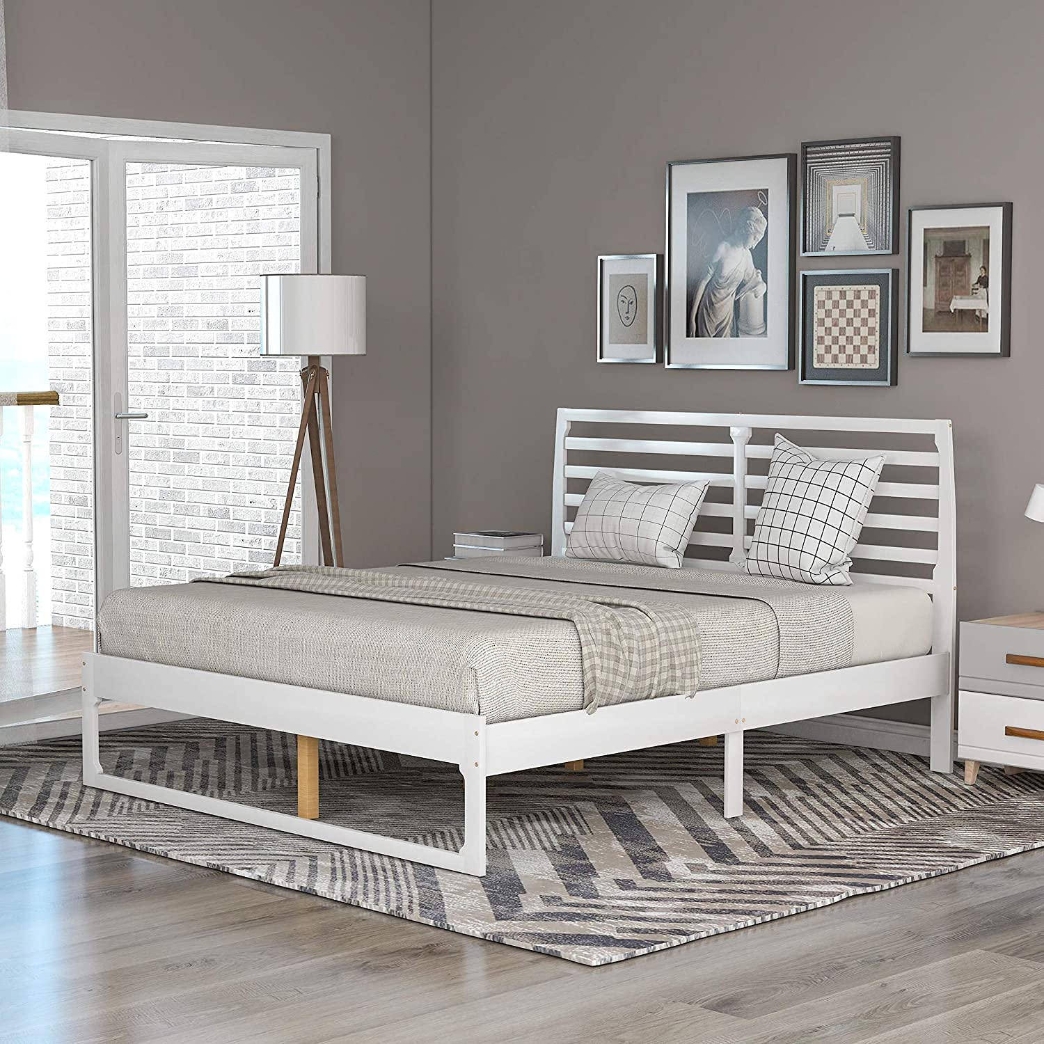 Rockjame Queen Size Wooden Platform Bed Frame with Headboard - Sturdy Slat Support Mattress Foundation - Modern Gray & White Bedroom Furniture for Home, Apartment, Guest Room