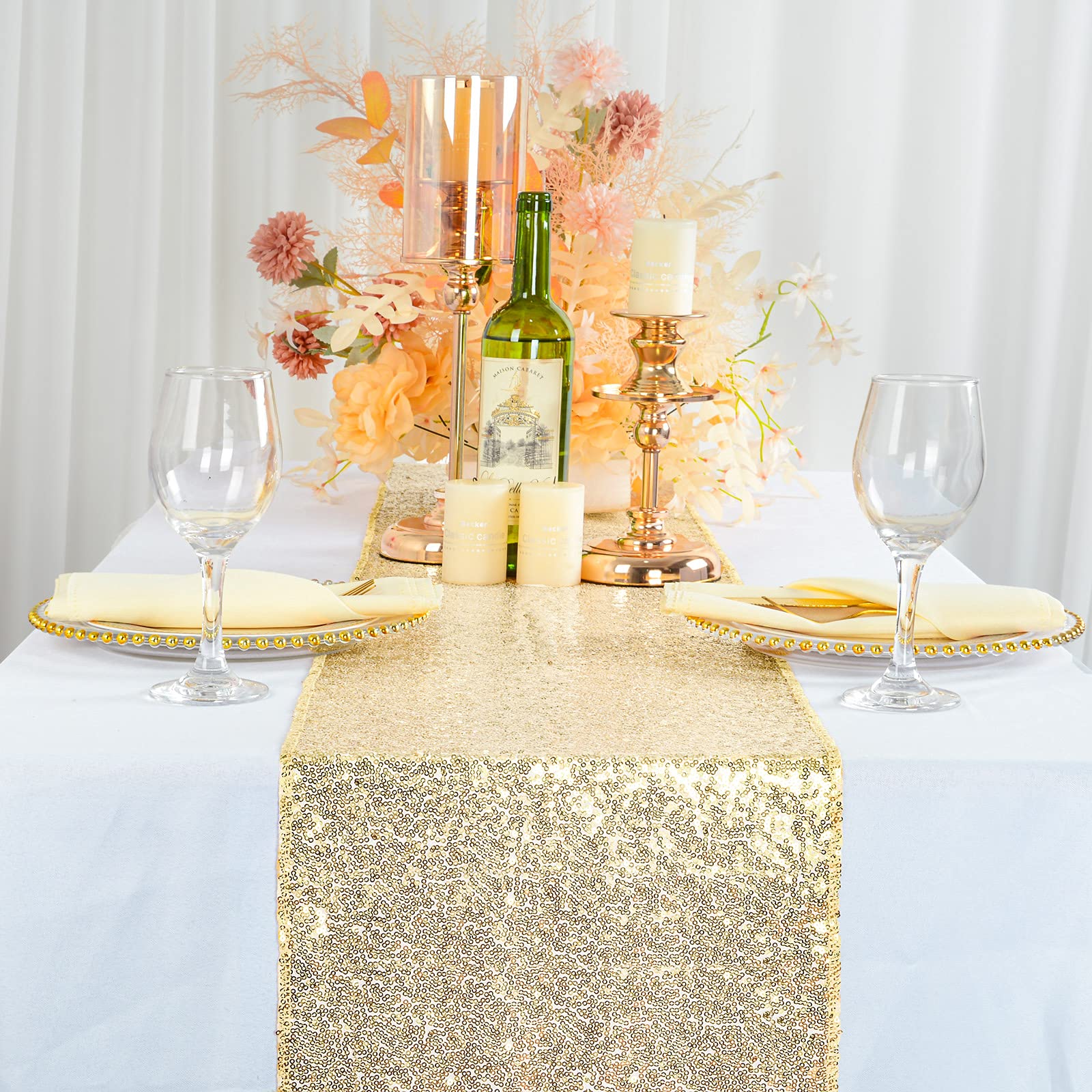 ShiDianYi Sequin Table Runner - 14x108 Inch Light Gold Glitter Table Cover for Weddings, Bridal Showers & Parties - Sparkly Decorative Runner for Dining Tables, Buffets & Events