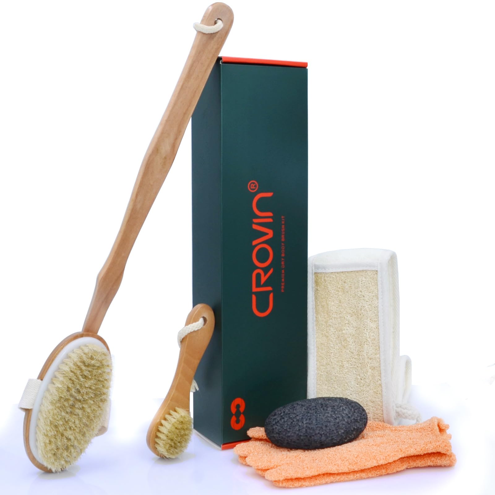 Natural Boar Bristle Dry Body Brush for Exfoliation & Cellulite - Spa Quality Bath Brush Set with Loofah, Face Brush & Pumice Stone - Perfect for Dry Brushing, Shower Exfoliation & Self-Care Routine (5-Piece Set)