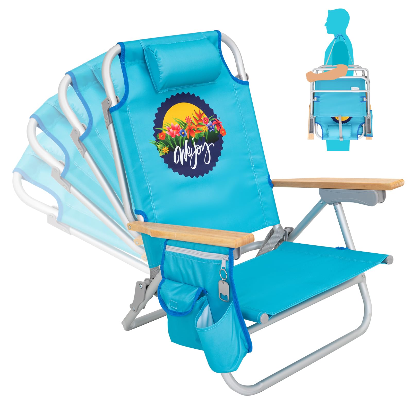 WEJOY 4-Position Adjustable Beach Chair for Adults - Portable Backpack Folding Chair with Wooden Armrest, Lightweight Aluminum Frame & Back Pocket - Perfect for Beach, Pool, Camping, Patio & Backyard Relaxation (Blue)