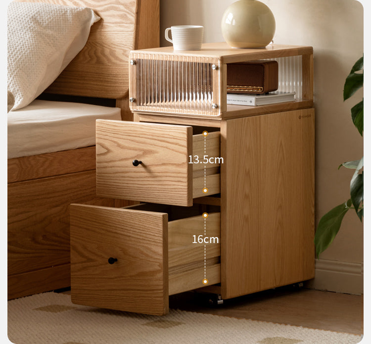 Solid Oak Wood Nightstand with Wheels and Built-in Light - Narrow Bedside Table for Small Spaces - Perfect for Bedrooms, Dorms, and Apartments
