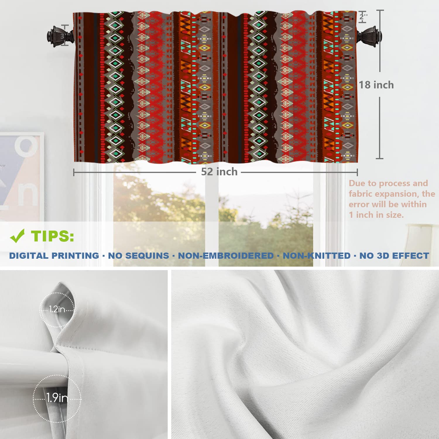 Boho Abstract Kitchen Valances - Mexican Red Stripes Geometric Pattern Half Window Curtains (52x18 Inch, Set of 2) for Farmhouse, Rustic & Modern Kitchen Decor - Perfect for Windows, Cafe & Home Decoration