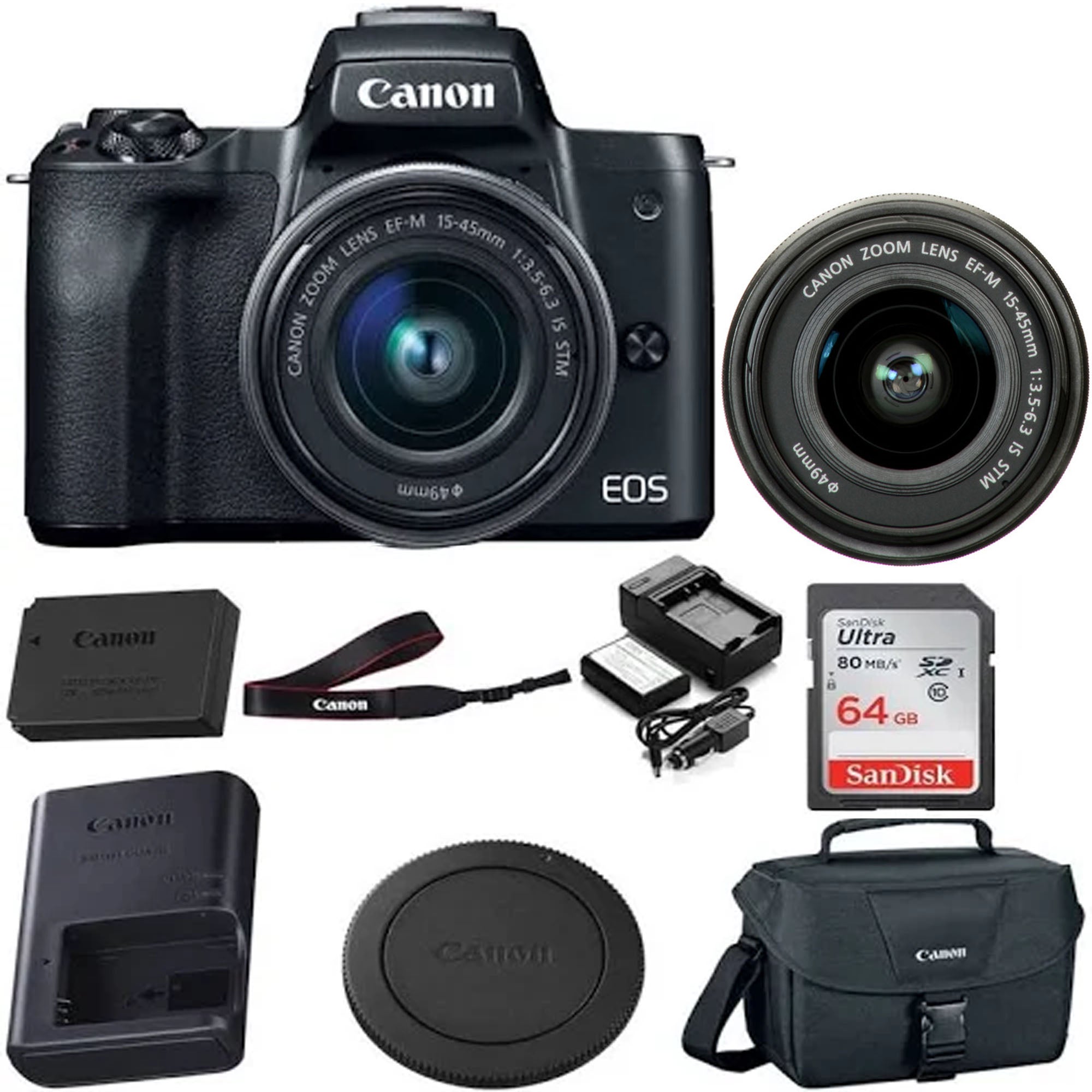 Canon EOS M50 Mirrorless Digital Camera with 15-45mm Lens (Black) + 64GB SD Card & Accessories Kit - Perfect for Vlogging, Travel Photography & YouTube Content Creation