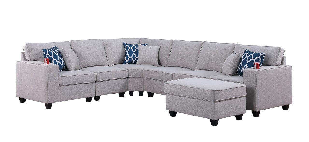 Reversible L-Shape Sectional Sofa Set with Ottoman & Cup Holders - 7-Piece Light Gray Linen Fabric Living Room Furniture for Modern Home, Lounge, Family Room, and Entertainment Spaces