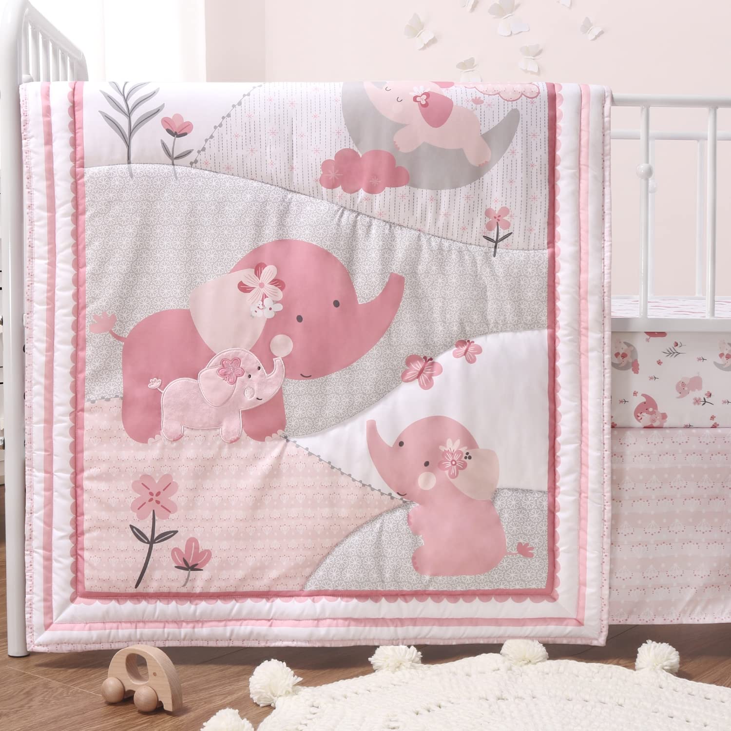 Pink Elephant Baby Nursery Decor Set - 4 Piece Crib Bedding Set with Comforter, Fitted Sheet, Mobile & Dust Ruffle | Soft Cotton Nursery Collection for Girls & Boys | Perfect for Baby Showers, Newborn Gifts & Nursery Decorating