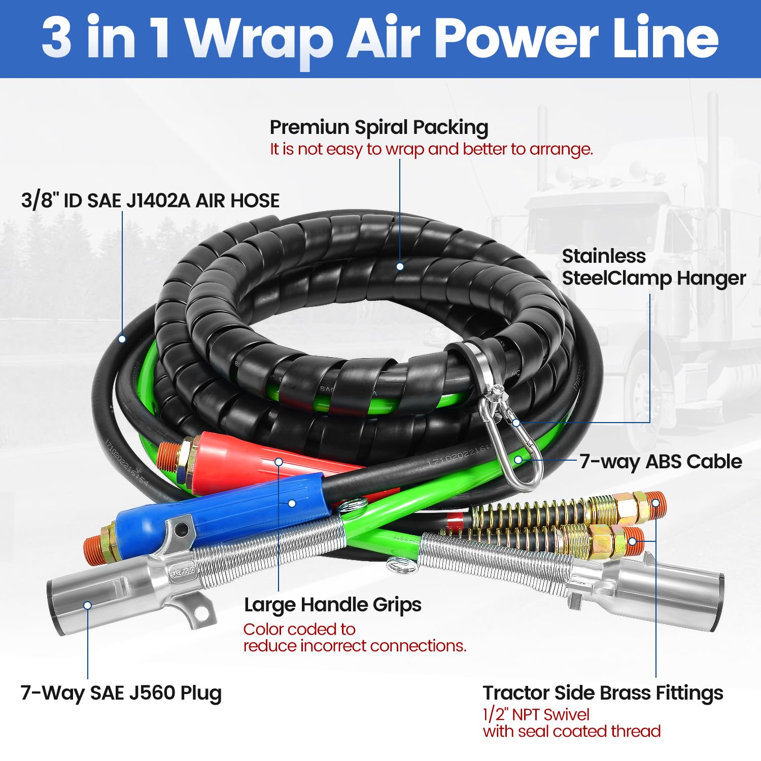 12Ft Semi Truck Air Line Kit - 3 in 1 Wrap Air Power Line with Glad Hand, Handles & Seals | Heavy Duty Air Hose for Semi Truck, Trailer & Tractor (TR813215) | Perfect for Long Haul Trucking & Trailer Maintenance
