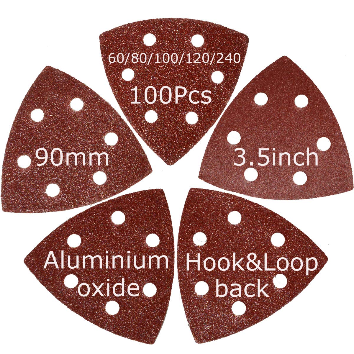 XXGO 3.5 Inch 90mm Triangular Sandpaper Assortment - 60/80/100/120/240 Grits Hook & Loop Multi-Tool Sanding Pads (Pack of 100) - Compatible with 3.5