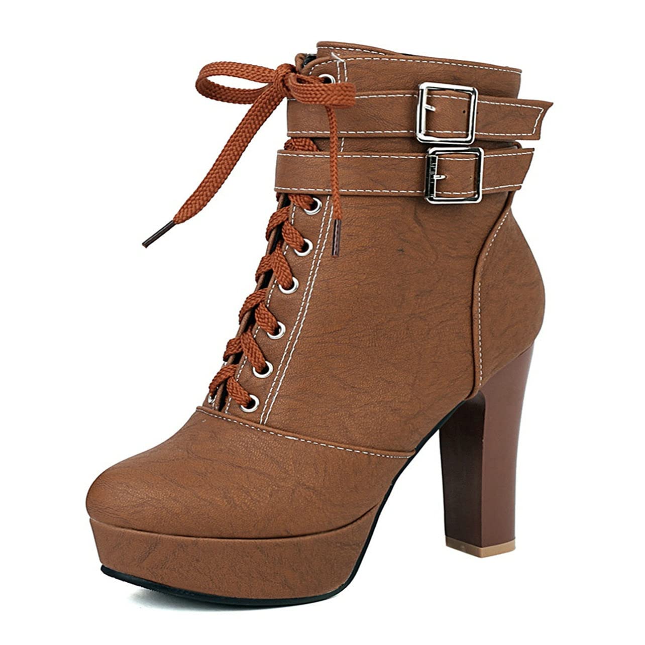 UniqueStride Women's Block High Heel Ankle Boots - Chunky Heel Platform Dress Boots with Buckle & Lace Up Closure for Office, Party & Night Out