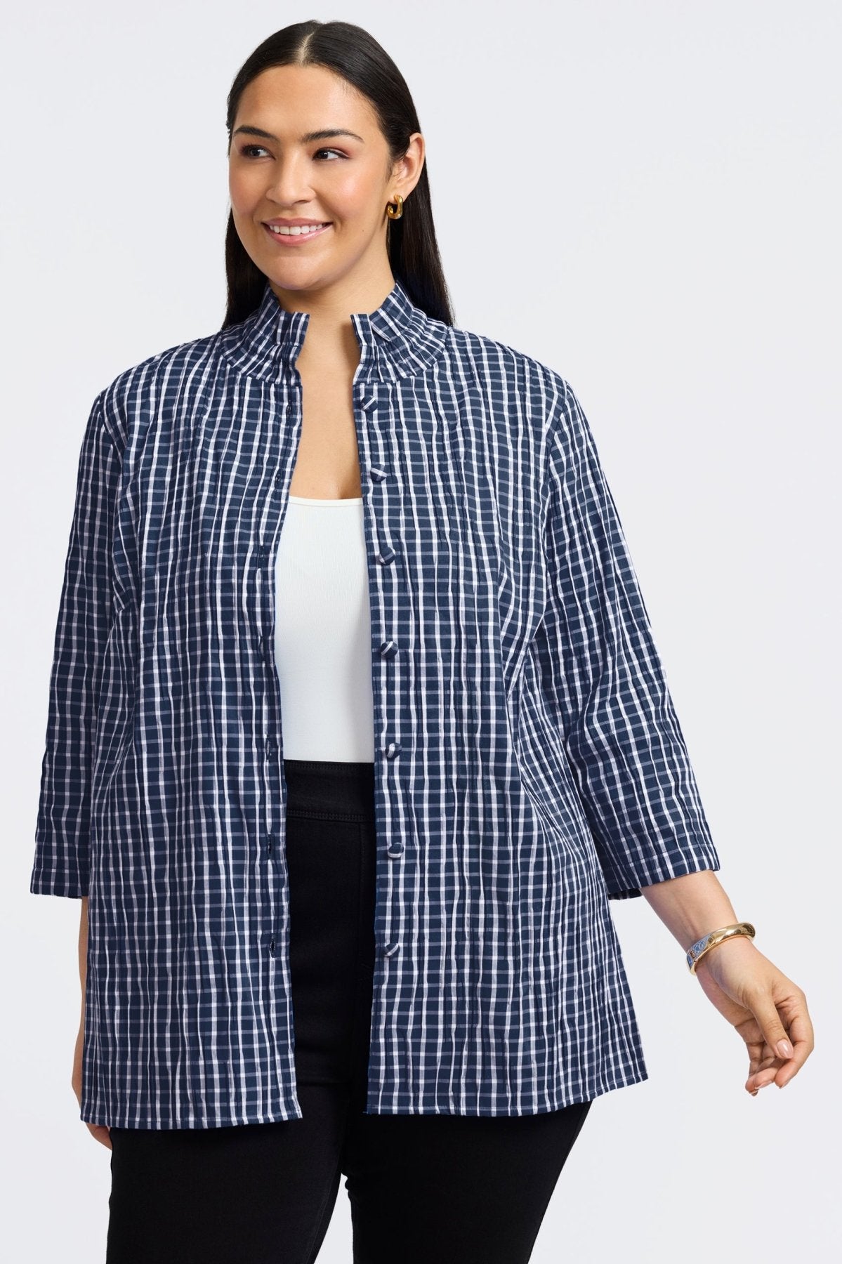 Carolina Plus Size Crinkle 3/4 Sleeve Shirt Jacket for Women - Stylish Layering Piece for Fall & Spring | Office Wear, Casual Outfits, Weekend Brunch