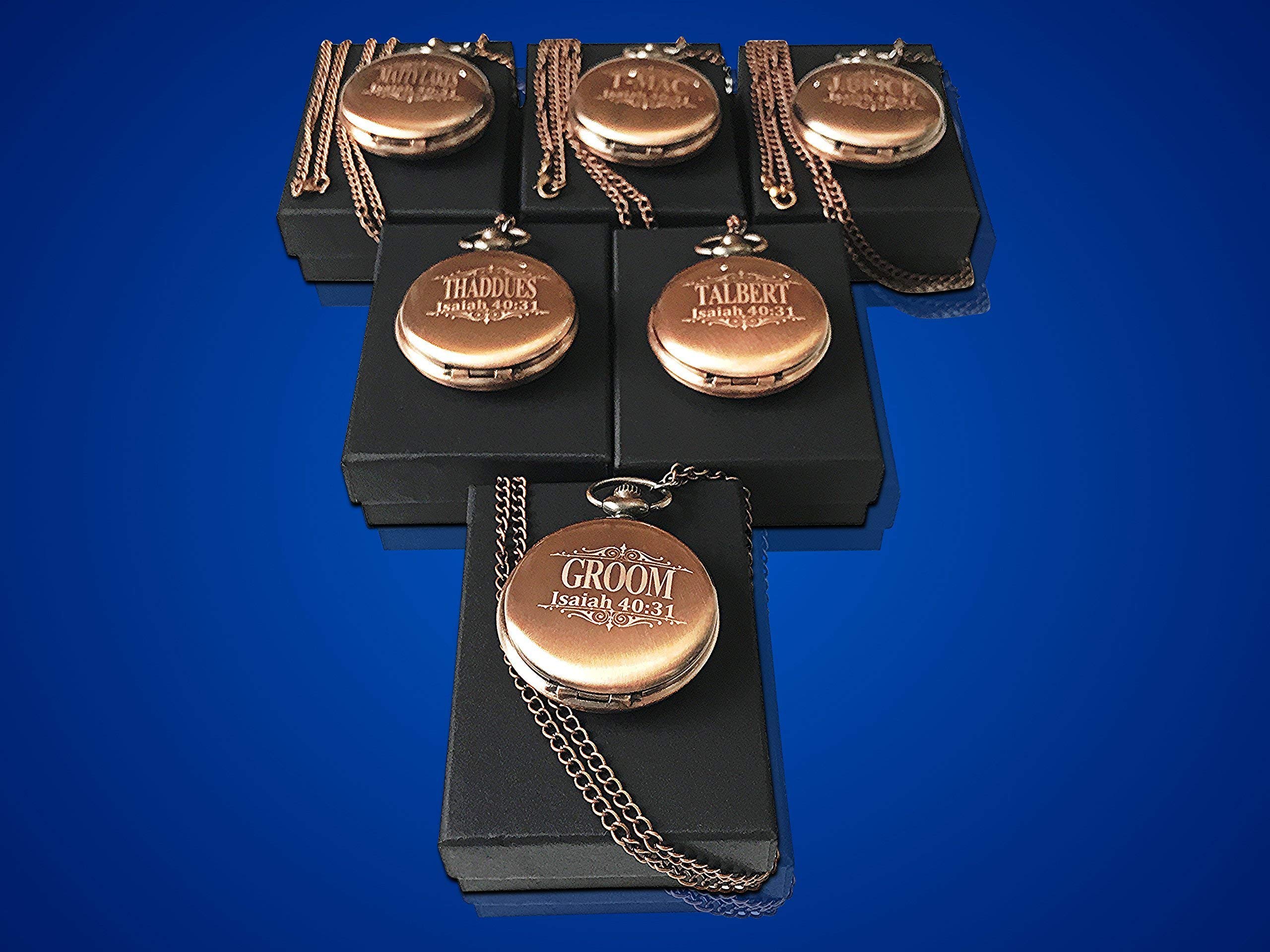 6 Silver Pocket Watches for Groomsmen - Engraved Gift Set with Chains & Display Box - Perfect for Weddings, Anniversaries & Special Occasions
