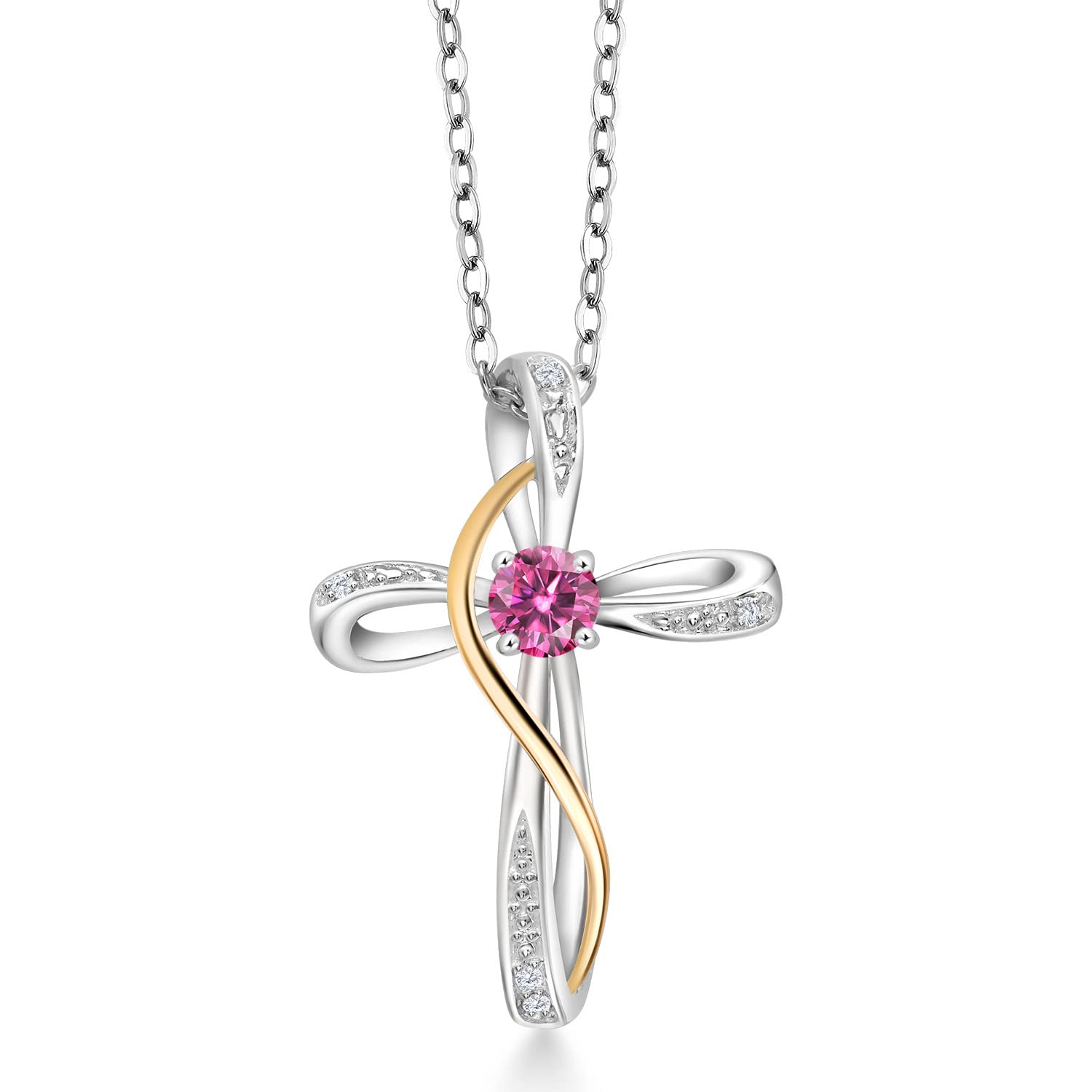 Gem Stone King Infinity Cross Necklace for Women - 925 Sterling Silver & 10K Yellow Gold Pendant with Birthstone & Lab-Grown Diamond | 18