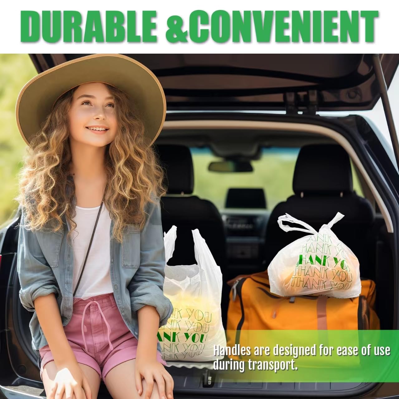 Cheardia Eco-Friendly Thank You T-Shirt Bags - Recyclable Plastic Shopping Bags with Handles for Retail Merchandise | Perfect for Boutiques, Grocery Stores & Gift Packaging