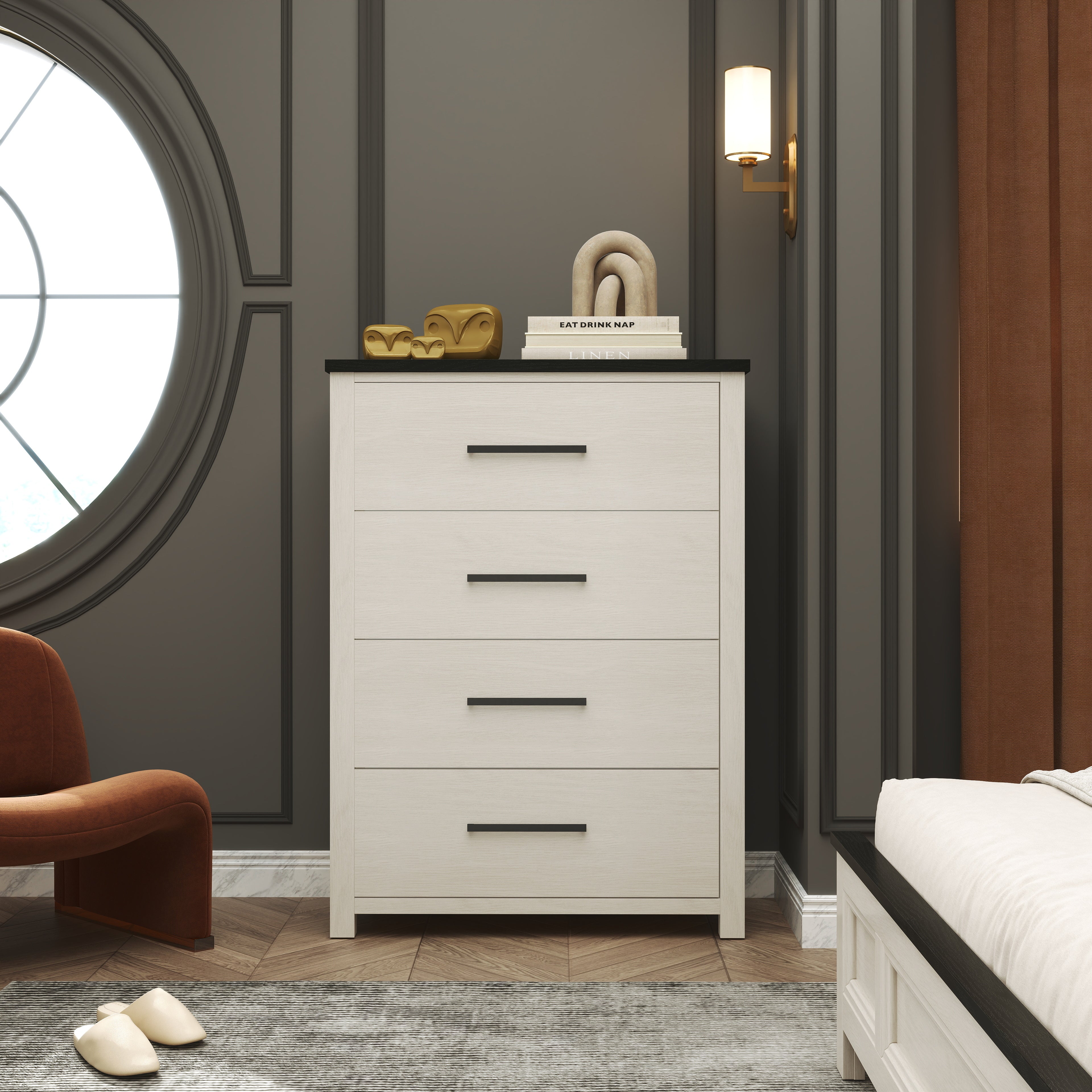 Roundhill Furniture Realynn Wood Bedroom Collection - Queen Size Bed Frame, Nightstand & Dresser Set in Off White Finish | Modern Farmhouse Style for Master Bedroom & Guest Room Decor