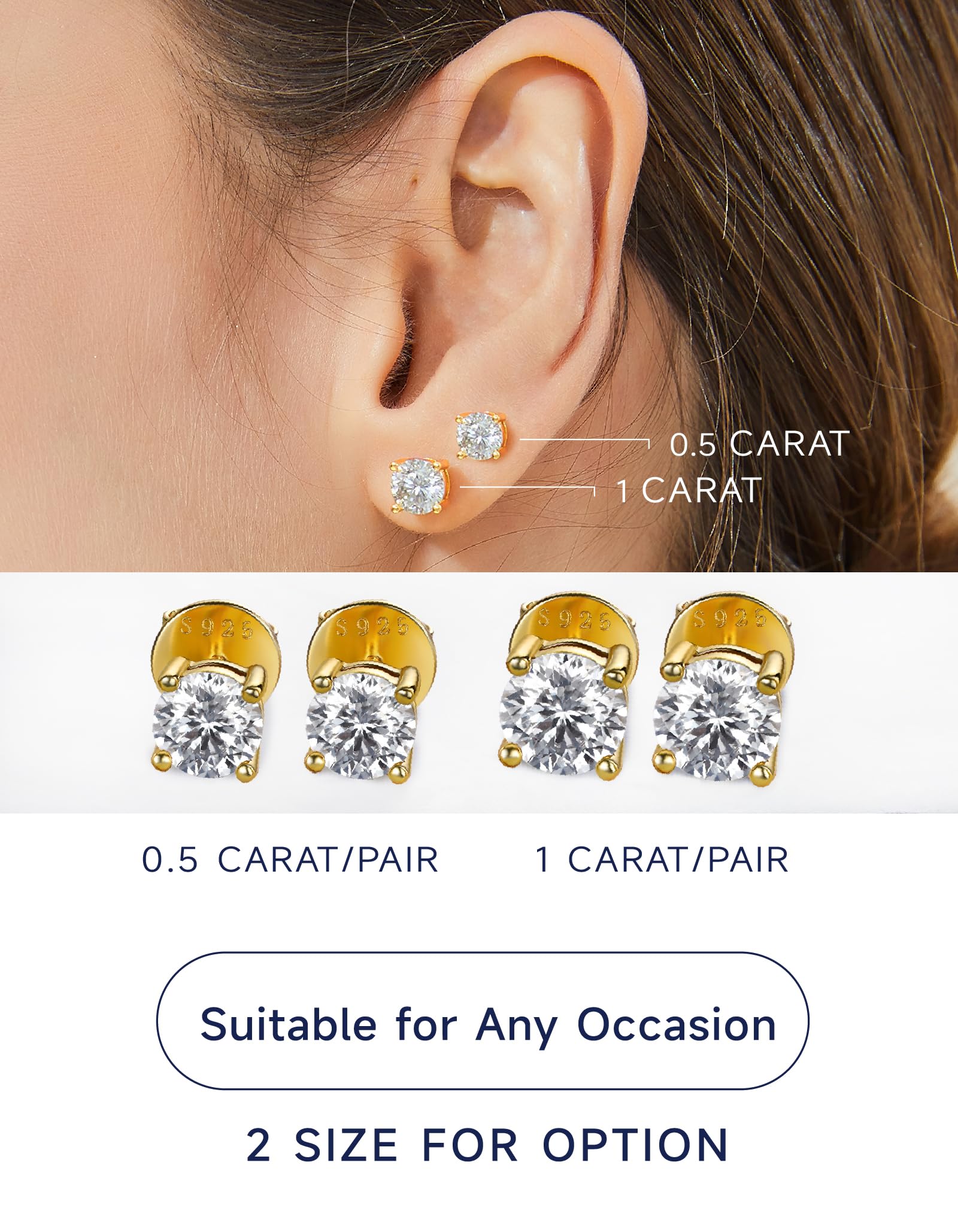 14K Gold Plated Moissanite Stud Earrings for Women - 1-2 Carat Lab Created Diamond Earrings in Yellow/Rose Gold & 925 Sterling Silver - Perfect Birthday Gift, Anniversary Present & Everyday Elegance Jewelry