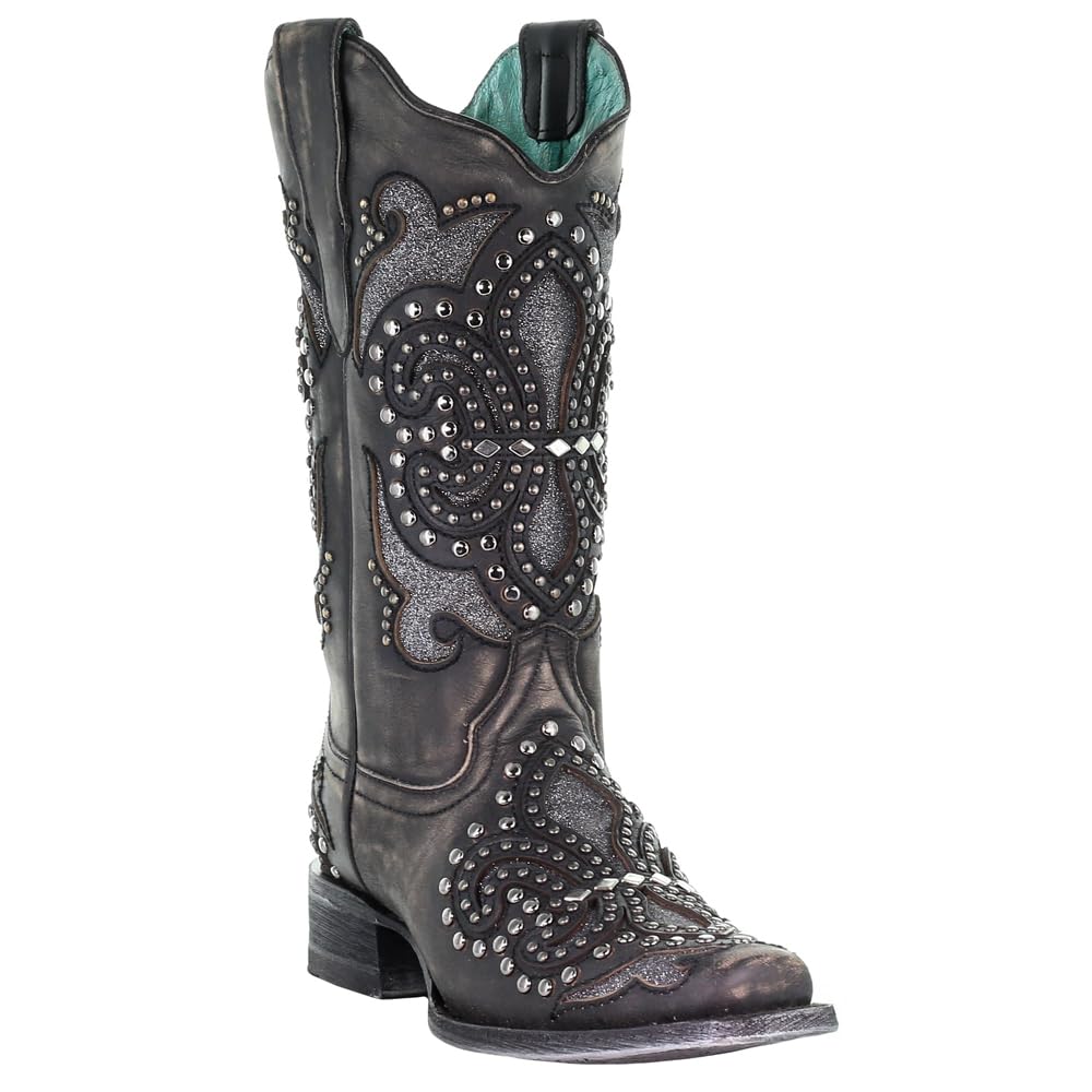 Women's Corral Glitter Studded Tooled Inlay Snip Toe Dress Boots - Mid Calf, Low Heel 1-2