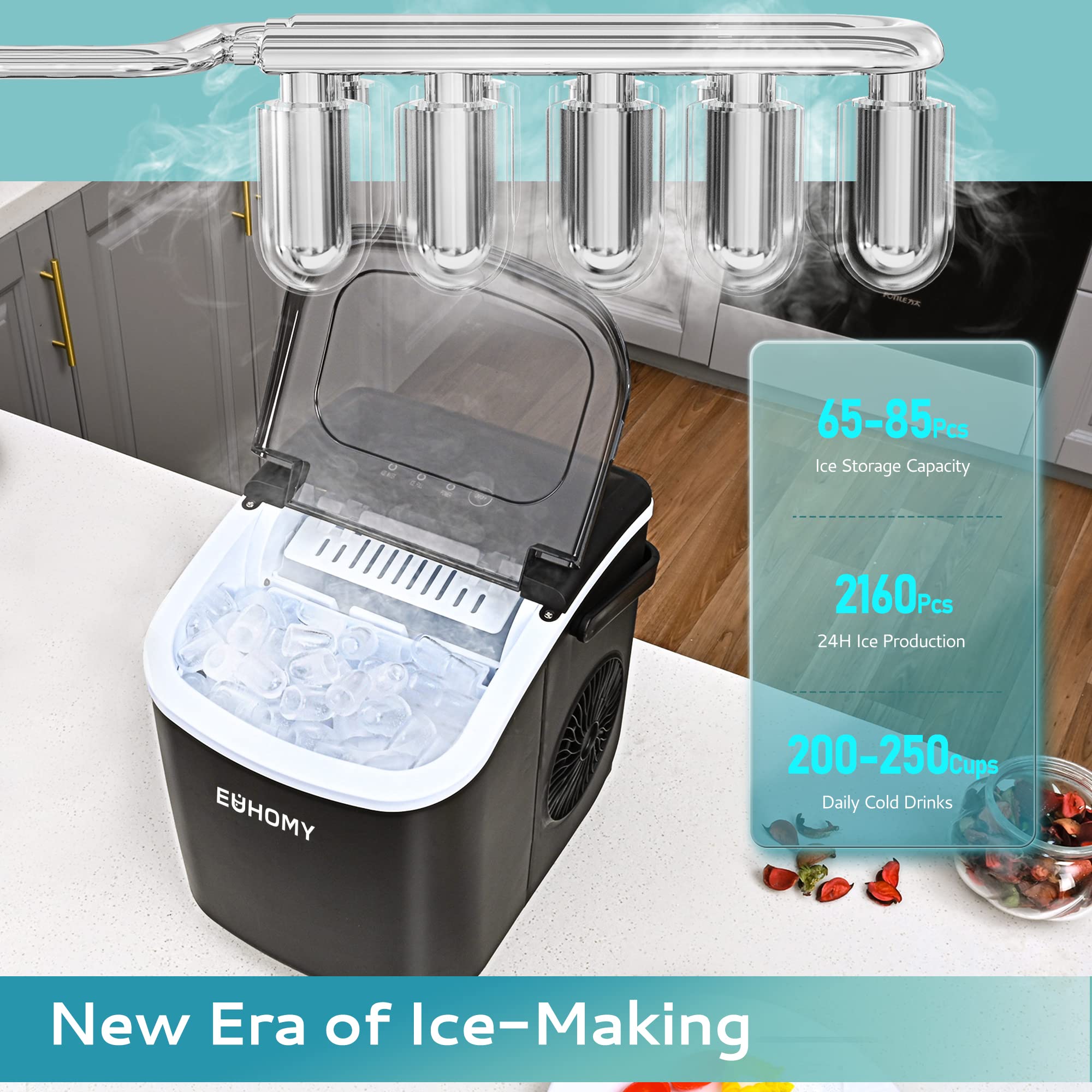 EUHOMY Portable Countertop Ice Maker Machine - 26lbs/24Hrs, 9 Cubes in 6 Mins - Auto-Cleaning with Ice Basket & Scoop - Compact Ice Maker for Home, Kitchen, RV, Camping & Outdoor Use (Black)