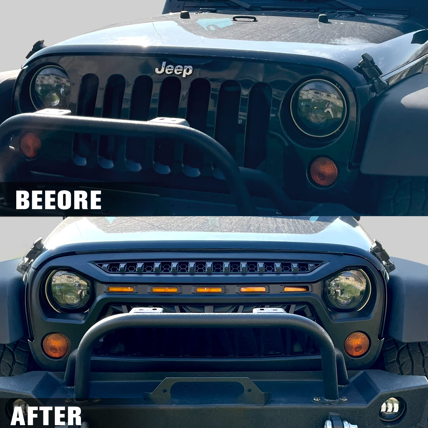 2007-2018 Jeep Wrangler JK JKU Front Grill Mesh Grille Cover - Matte Black with Amber LED Running Lights | Compatible with Unlimited, Rubicon, Sahara & Sport Models | Off-Road Protection & Stylish Upgrade